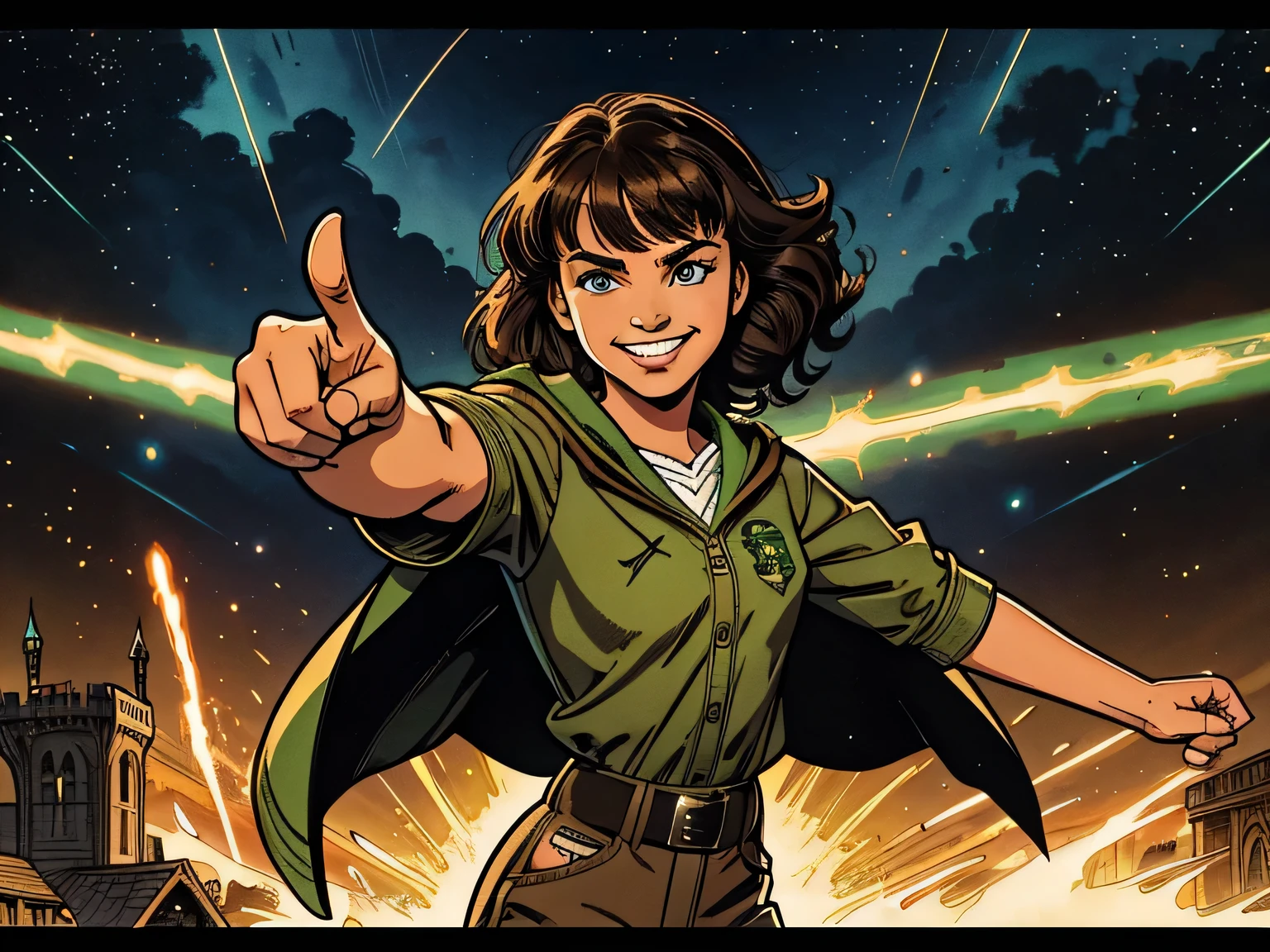 moleca adolescente bronzeada mista, 13 anos de idade, , 1 garota, cabelo castanho curto cheio com franja, energetic smile, uniforme peculiar da Sonserina, Wearing pants, capa da Sonserina, Fundo do castelo de hogwarts, efeito explosivo, Sky of the day, apontando, 1930s, 30s, posando, retrato, estourar, arte da Marvel HQ
