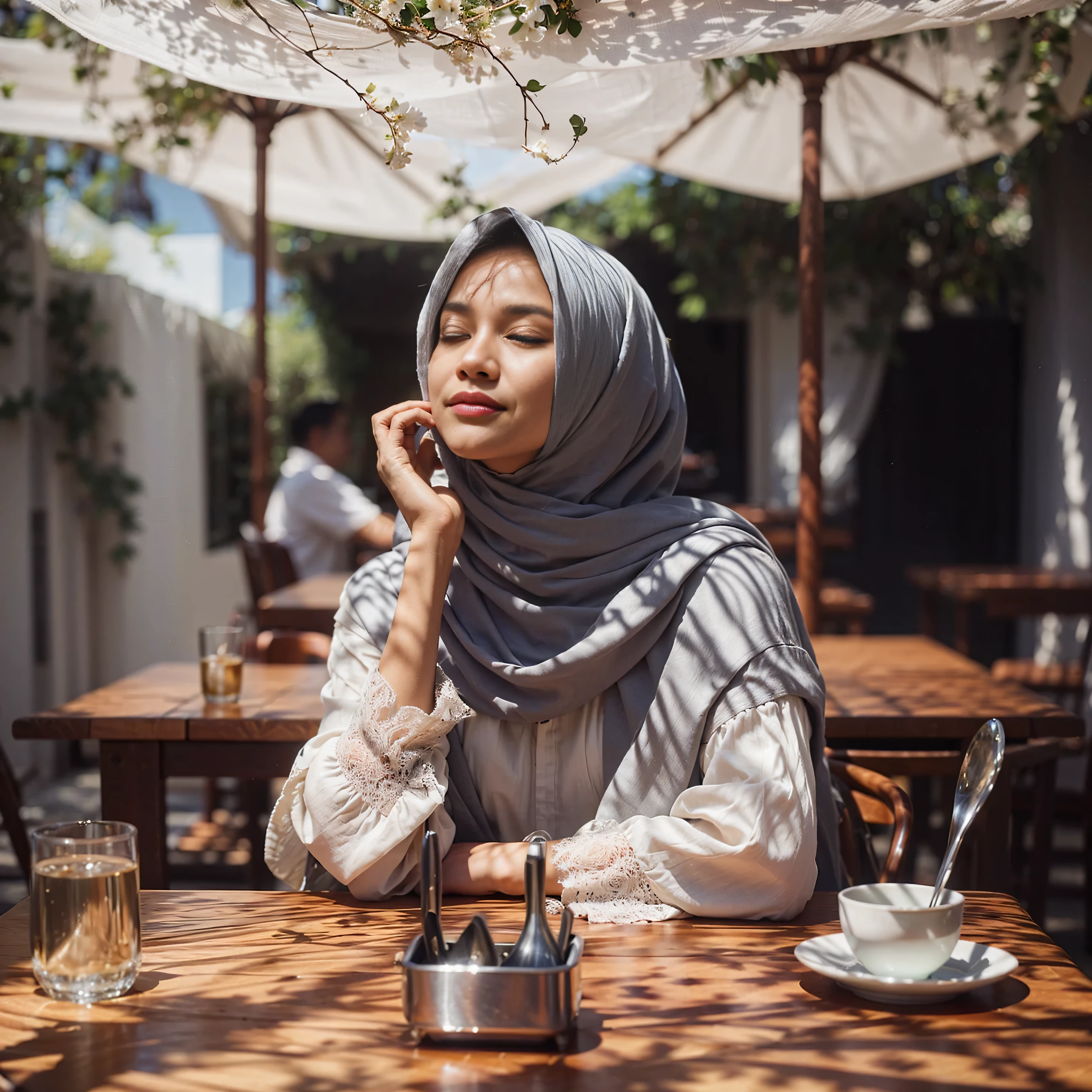 1girl, Solo, High Resolution, Masterpiece, Textured Skin, young women, 20 years old, hijab, a young woman sitting at a table with a cup of coffee and a plate of food in front of her. She is wearing a white hijab and a beige sweater. She has a watch on her wrist and is resting her chin on her hand. The table is covered with a black tablecloth and there are string lights hanging above it. In the background, there is a rooftop with a view of the city skyline. The sky is blue and the sun is setting, casting a warm glow over the scene