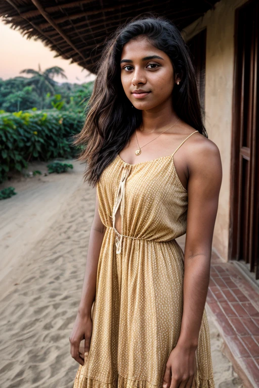 RAW photo, a portrait photo of Indian college girl in sundress, fitness girl, natural skin, dark skin, interior, sunset, 8k uhd, high quality, film grain, Fujifilm XT3