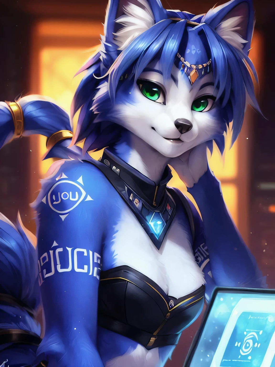 A beautiful and detailed (sweet portrait) von ((Krystal)), Sternenfuchs Krystal, Schlank, liebenswert, Green eyes, Small breasts, Raumanzug, Tippen auf einem holographischen Computer, Dekollete, Grinsen, hoch schauen,, Anthro, Pelzig, holografischer Bildschirm, Science-Fiction, Hochgeladen E621, detailed flauschige fur, (von Fluff-Kevlar, Bayard Wu, personalami, Pino Daeni), detailliertes Gesicht, (flauschige), 1girl, Allein, kein Wasserzeichen