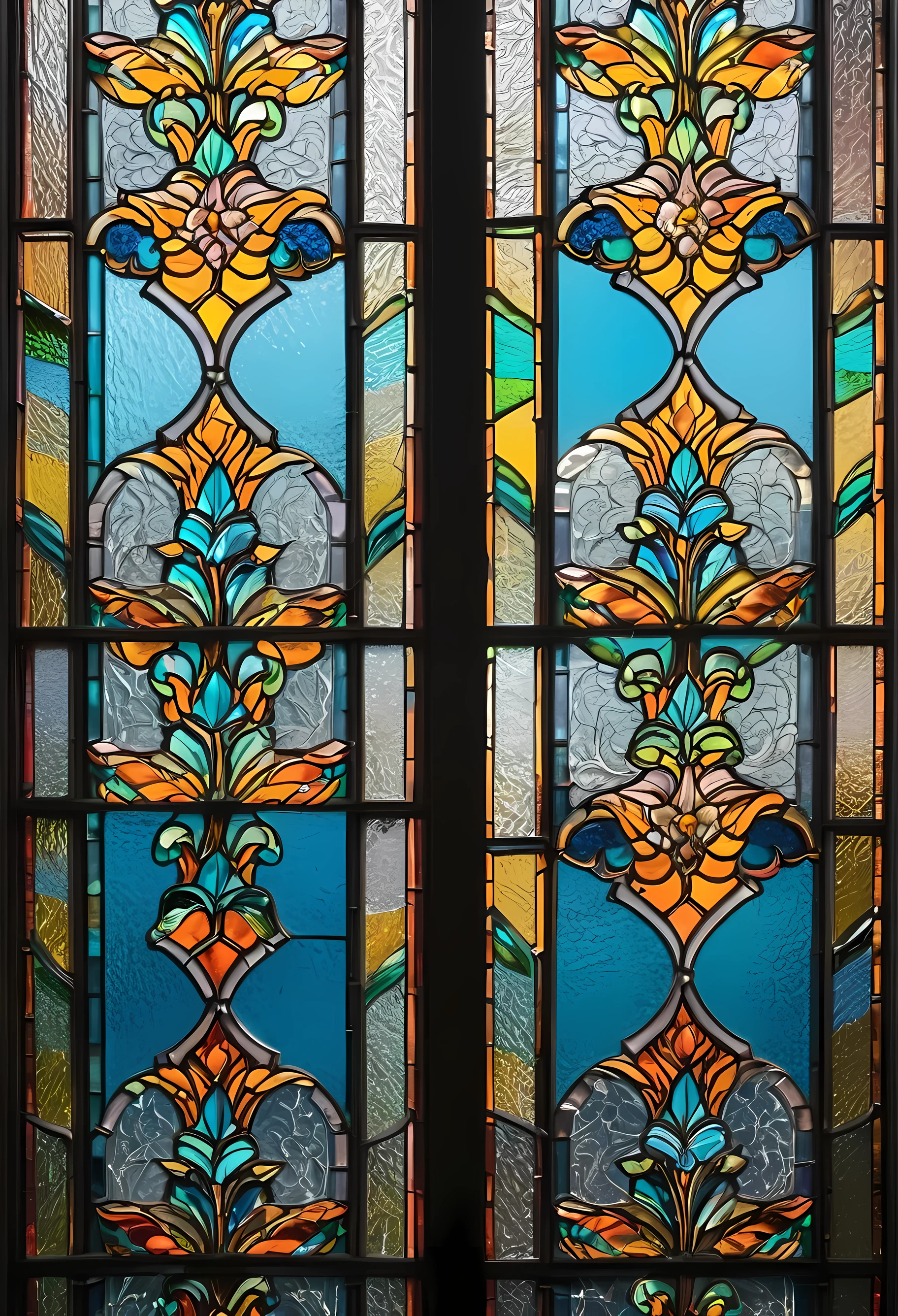 The background of the window, which is twice as wide, is stained glass, In elegant colors that allow light to enter