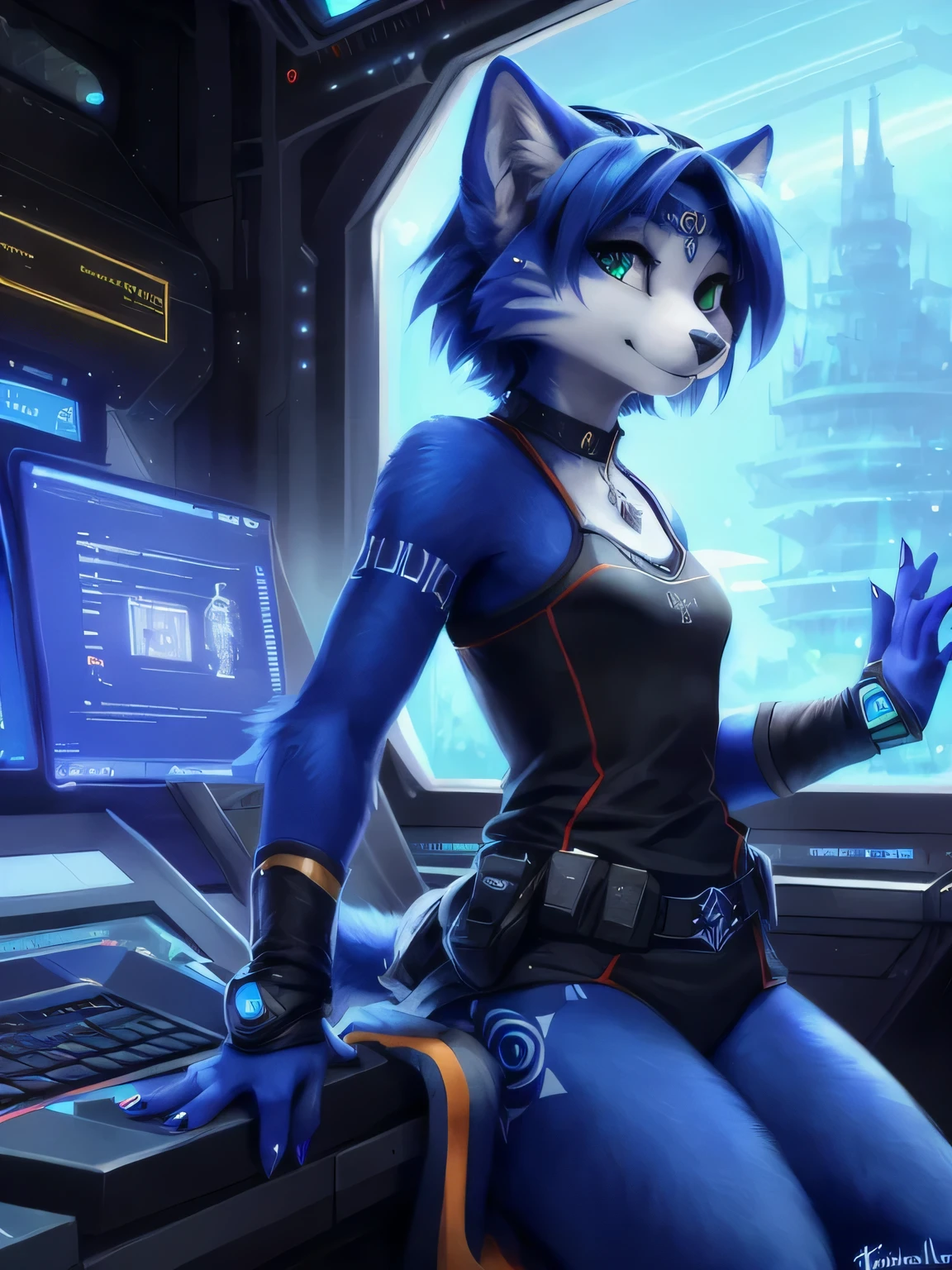 A beautiful and detailed (sweet portrait) von ((Krystal)), Sternenfuchs Krystal, Schlank, liebenswert, Green eyes, Small breasts, Raumanzug, Tippen auf einem holographischen Computer, Dekollete, Grinsen, hoch schauen,, Anthro, Pelzig, holografischer Bildschirm, Science-Fiction, Hochgeladen E621, detailed flauschige fur, (von Fluff-Kevlar, Bayard Wu, personalami, Pino Daeni), detailliertes Gesicht, (flauschige), 1girl, Allein, kein Wasserzeichen