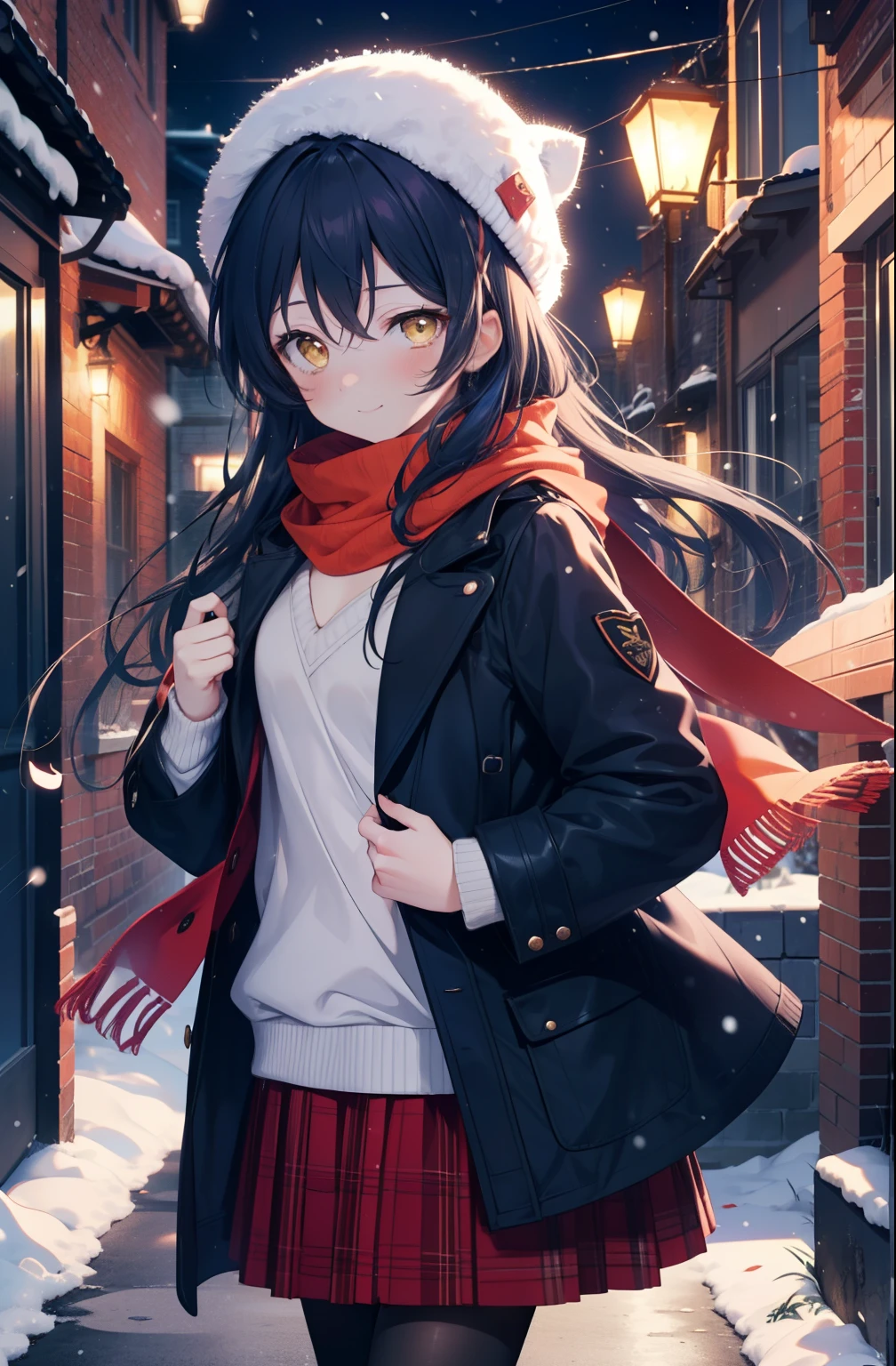 you are so kind, umi sonoda, long hair, blue hair, (yellow eyes:1.5) (flat chest:1.2),smile,blush knit hat,Blue fluffy long coat　Closing the front, I put my hands in my coat pockets,sweater, long skirt,black pantyhose,short boots,red orange scarf,snow is falling,It&#39;s snowing,moon,moon光、
break looking at viewer,
break outdoors, In town,residential street,
break (masterpiece:1.2), highest quality, High resolution, unity 8k wallpaper, (figure:0.8), (detailed and beautiful eyes:1.6), highly detailed face, perfect lighting, Very detailed CG, (perfect hands, perfect anatomy),