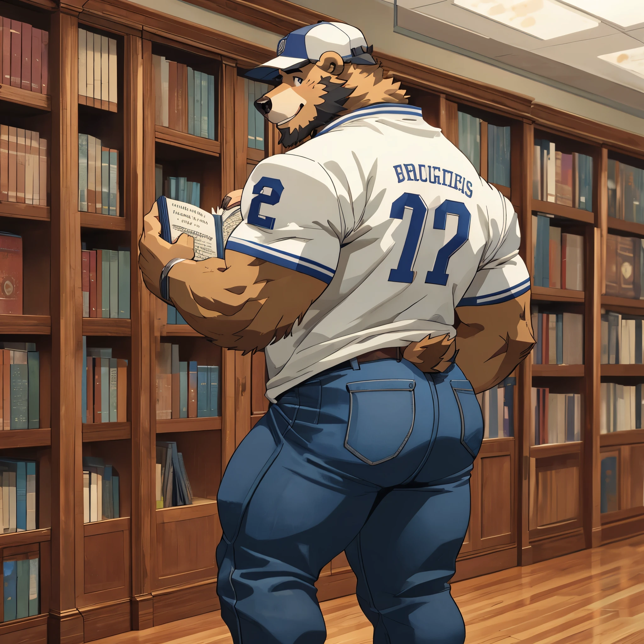 One character, Highly detailed, high res, high quality, furry, bear, muscular body, white fur, handsome, football cap, backwards cap, tight jeans, football jersey, jock, thick legs, cheerful smile, facial hair, highly detailed eyes, college, library, bookshelves, holding a book, perfect anatomy, thick ass, showing backside, sexy, big muscle ass, side eyeing user, normal lighting, reading a book