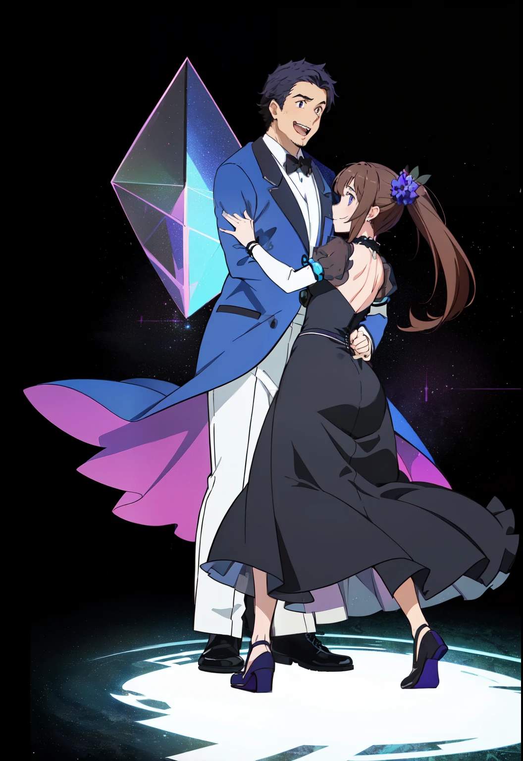 ((anime)) ,(((Girl and boy))), (((girl and guy dancing at the ball))), (masterpiece:1.2), Best quality, A high resolution, unity 8k wallpaper, (illustration:1.2), (very detailed face), (perfect hands), (Ideal Anatomy), (((girl with black hair and violet eyes))), (((black floor-length dress with transparent blue sleeves))), (((Ball gown))), ((The girl is embarrassed)), ((guy with brown hair and light blue eyes)), ((the guy has a very neat haircut)), (((Guy in a light tuxedo))), (((very stocky guy))), (((the guy is very happy))), (couples dancing around), (beautiful ballroom)
