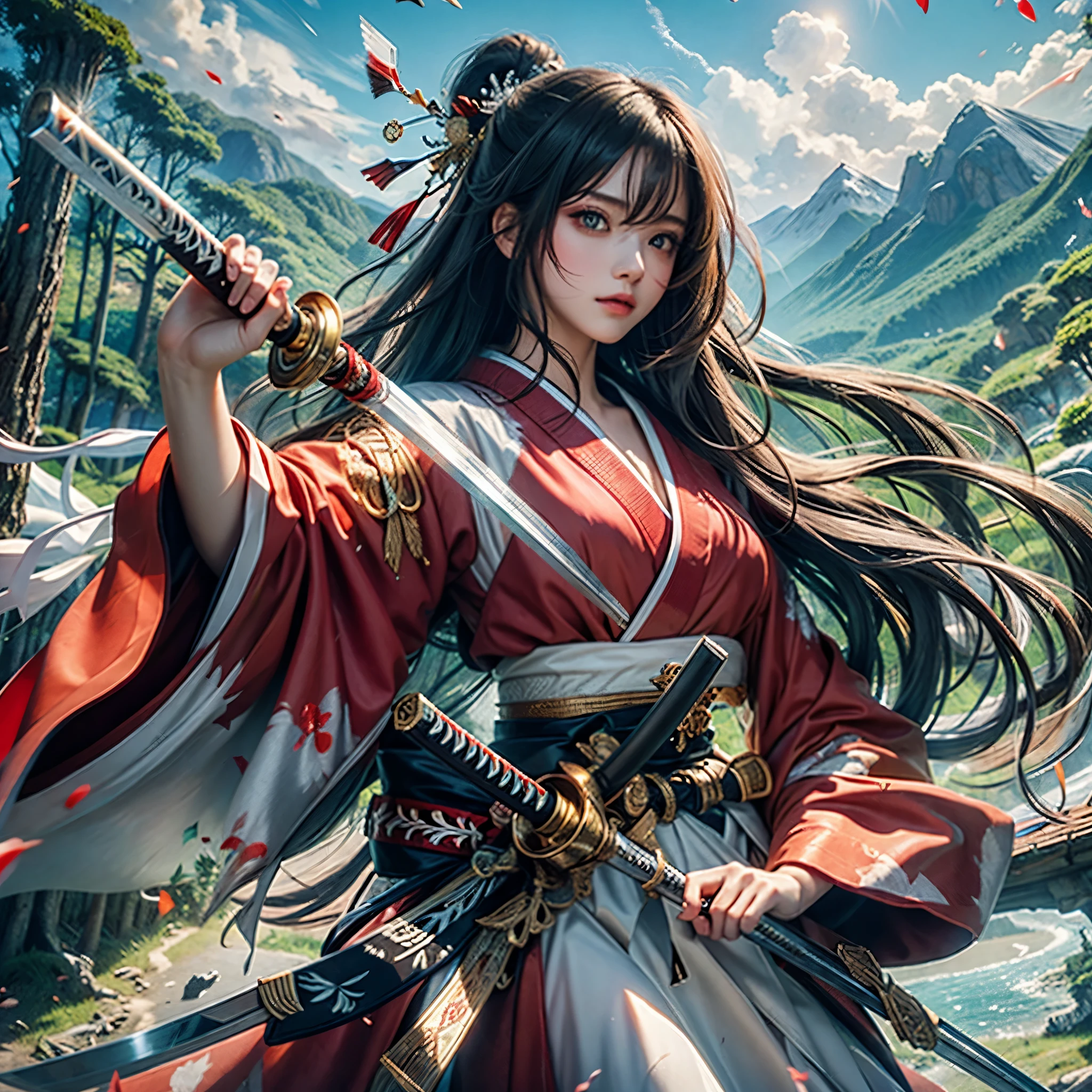 (woman swordsman、Hold the sword、Iai-no-I、Japanese Katana Sword)(Masterpiece 1.4, Best Quality 1.4),1girl in, Detailed skin、Detailed and Beautiful Face 1.4、Bow, Long hair, A dark-haired , Hair fluttering in the wind、White and red kimono、 Blood-stained kimono、Sandals、Official art, Good composition, Official Pose, detailed portrait,Clouds and mountains background, Samurai, High resolution, Dramatic lighting and shadows, snowscape、In the wooded forest