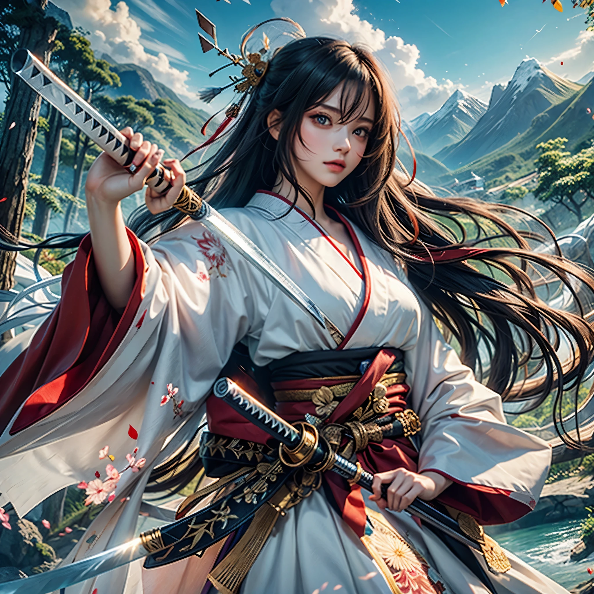 (woman swordsman、Hold the sword、Iai-no-I、Japanese Katana Sword)(Masterpiece 1.4, Best Quality 1.4),1girl in, Detailed skin、Detailed and Beautiful Face 1.4、Bow, Long hair, A dark-haired , Hair fluttering in the wind、White and red kimono、 Blood-stained kimono、Sandals、Official art, Good composition, Official Pose, detailed portrait,Clouds and mountains background, Samurai, High resolution, Dramatic lighting and shadows, snowscape、In the wooded forest