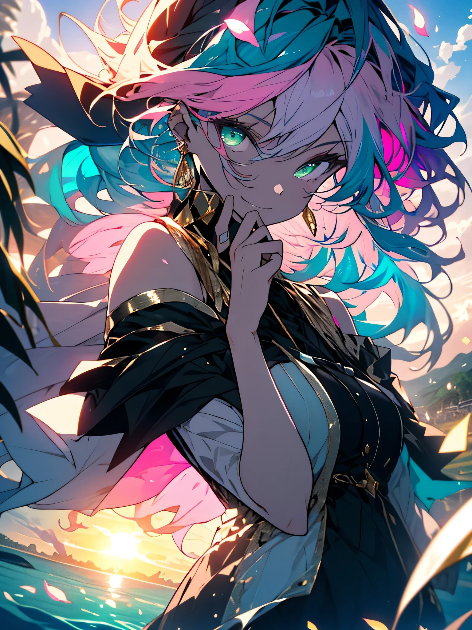 (highest quality、masterpiece、High resolution、be familiar with)、(Shining eyes、be familiar with美しい顔)、8K、(1 girl), (rainbow colored hair, colorful hair, half green and half pink hair: 1.2), 17 years old, green_null, I have a magic wand, summer , petal_On top of that_liquid, black cloak, red and black torn dress, skirt: 1.2, (gold lOn top of thatg curly hair: 1.5), null, outdoor, cloud, bangs, smile, null green eyes, bare shoulders, perfect hands, hand details, repaired finger. earrings, Ocean + background, looking for_in_viewer, cowboy shot, highest quality, Rich details, perfect image quality, sunrise