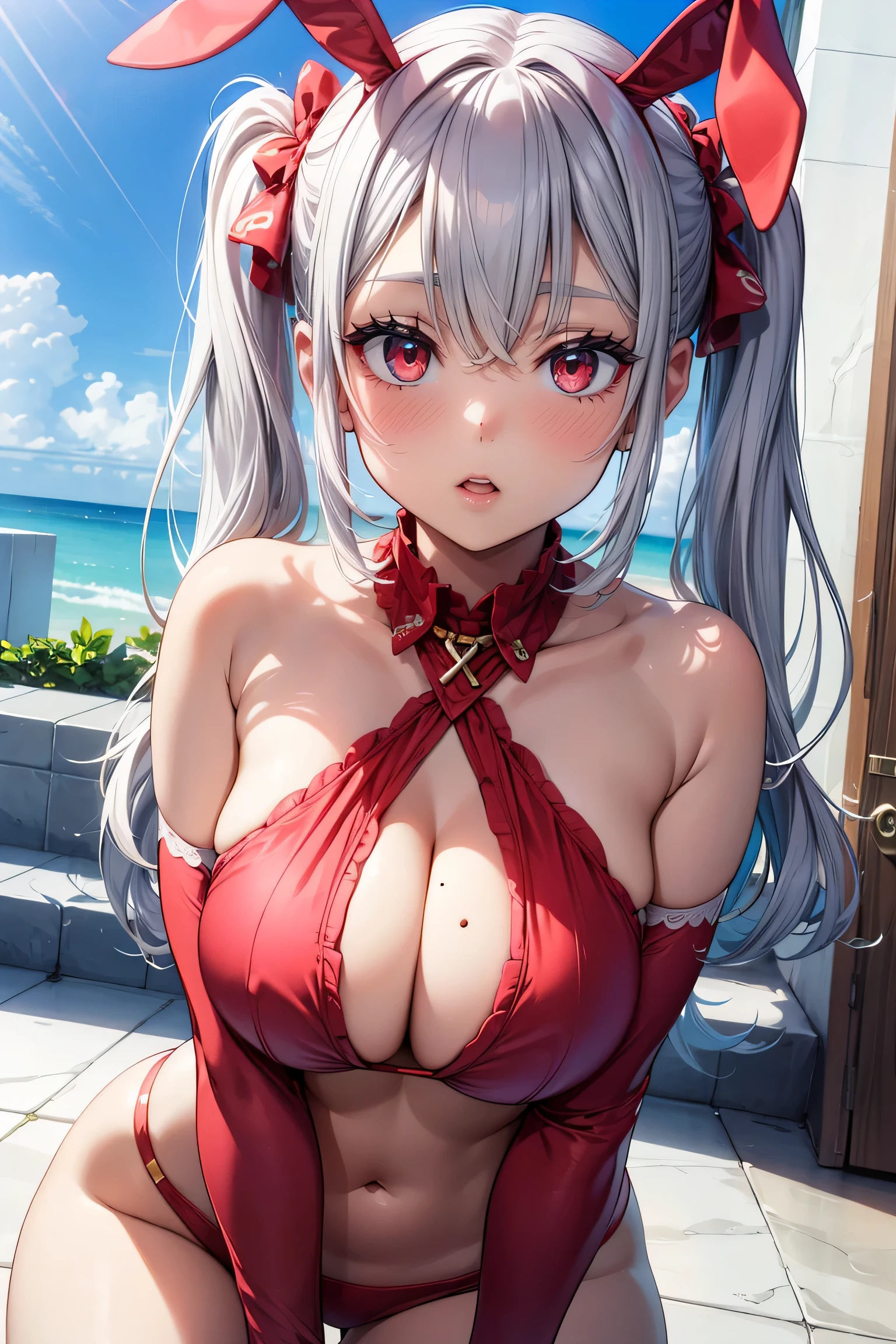 (1girl), red eyes, mature, mole onder eye,white hair, pigtails, long hair,, x ornament, big lips, pretty lips, ((gyaru)), gyaru hairstyle, bunny outfit, bunny ears, sexy pose, pink outfit