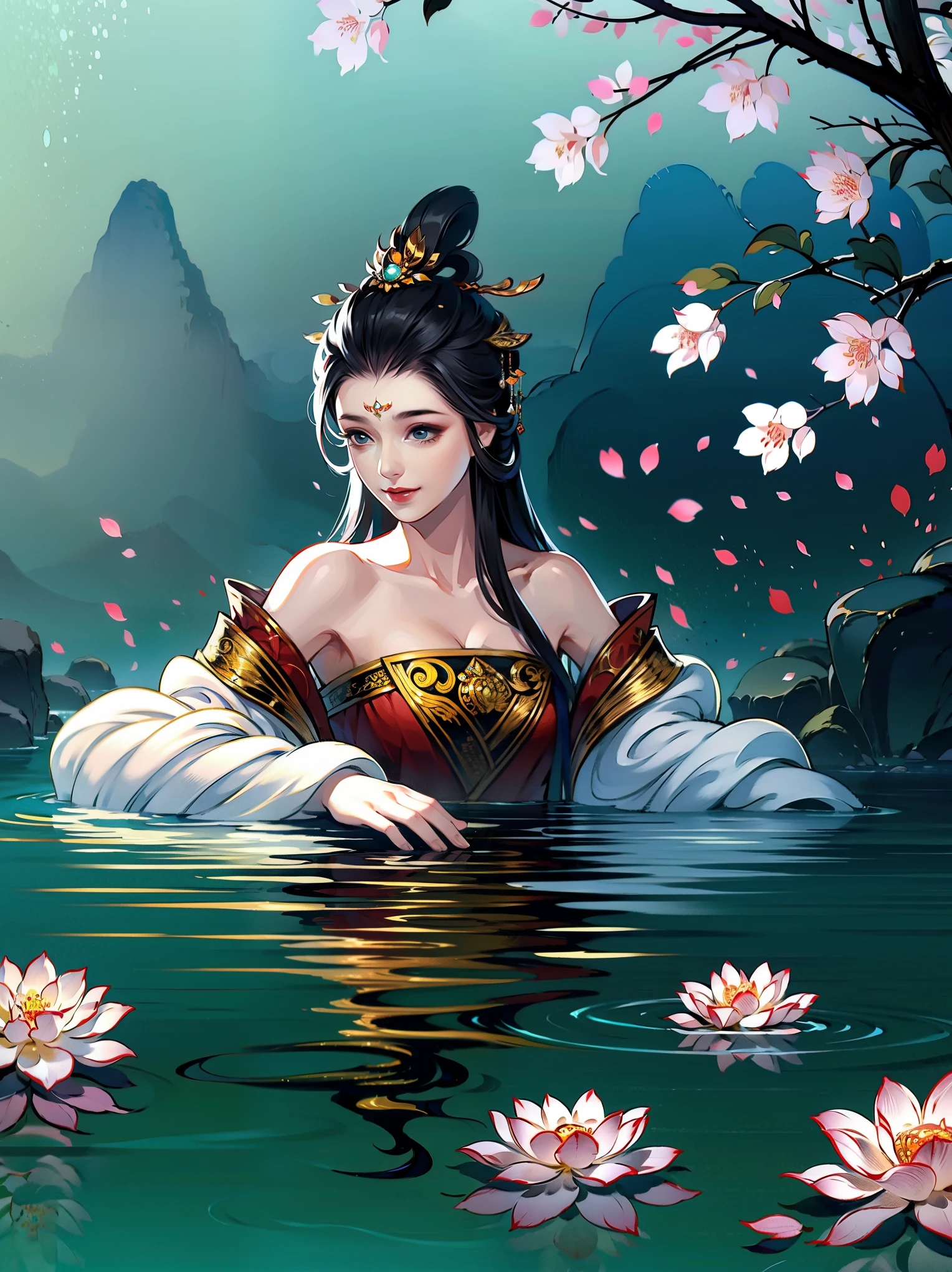(masterpiece,super detailed,HD details,highly detailed art)1 girl lying in the water,Fog surrounds,Close-up foggy,alone,long hair,Smile,hot spring water,water vapor,bare shoulders, petal,Clear water,hanfu,Ripples in the water,Highly detailed character designs from East Asia,Game character costume design,ultra high resolution, sharp focus, epic work, masterpiece, (Very detailed CG unified 8k wallpaper),pretty face,beautiful eyes,HD details