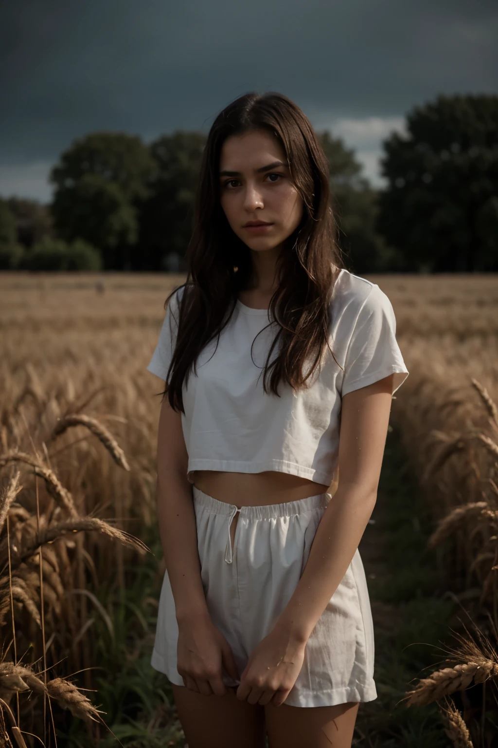 
A girl with black eyes and eyebrows is 28 years old and stands alone and terrified in the dark in a wheat field
