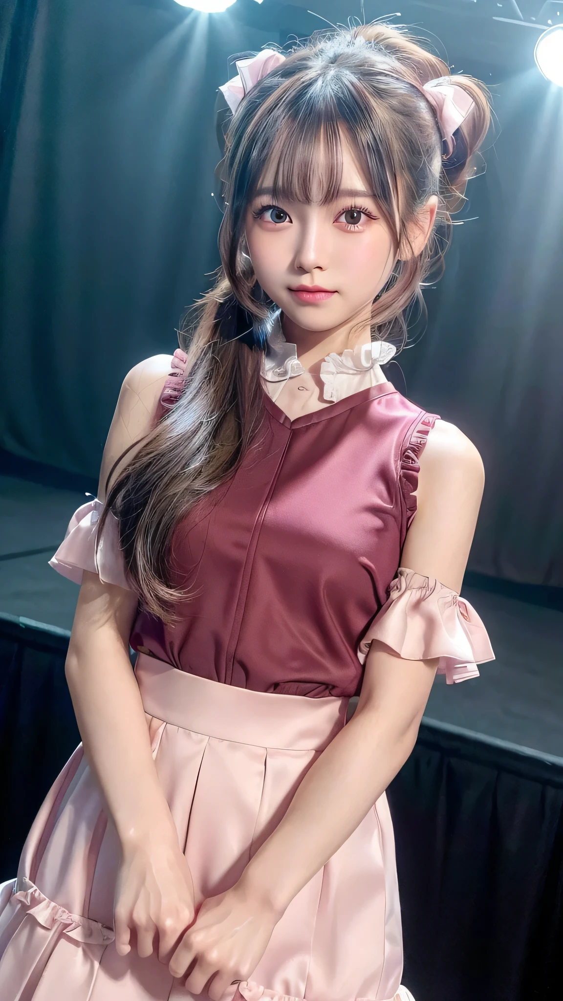 blush,small breasts,14 years old,long hair ponytail,singing on stage,close up of face,((8K, Raw photo, best quality, muste piece:1.2), (Reality, photorealistic:1.4), (Highly detailed 8K wallpaper), Depth of the bounds written, cinematic lighting, soft light, detailed beauty eye,Shiny and smooth light brown ponytail, asymmetrical bangs, shiny skin, super detailed skin ,high resolution, high detail, detailed hairstyle, detailed beauty face, hyper real, perfect limbs, perfect anatomy ,1 Japanese girl,famous japanese idol, perfect female body,shy smile,short eyelashes,double-edged eyelids,look straight here,Hair style is ponytail、Pink colored long dress with lots of ruffles, softly shaped skirt, standing on stage,pink ribbon on head,She wears a long skirt with lots of frills.,Neat clothes