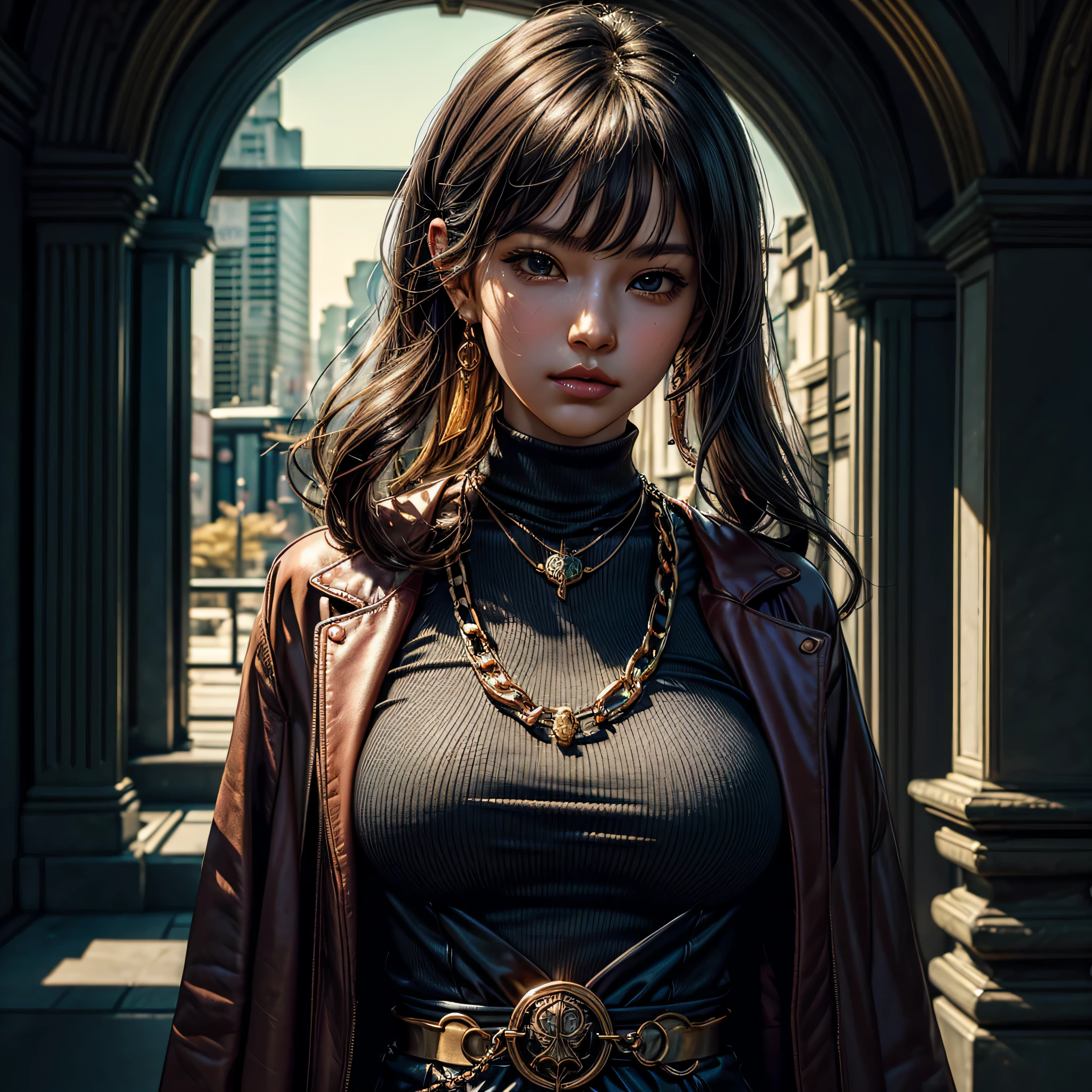 (1girl:1.3),solo,__body-parts__, official art, 8k unit wallpaper, ultra detailed, close-up on face, beautiful and aesthetic, gorgeous, masterpiece, best quality, fantastic atmosphere, calming palette, quiet mood, soft shading, priestess Miko, charm spell, family talisman, priestess duties, dark aesthetic, suit and tie with black leather shorts with many chains around the body and a black leather jacket, Tokyo city in the background, (messy short purple hair),