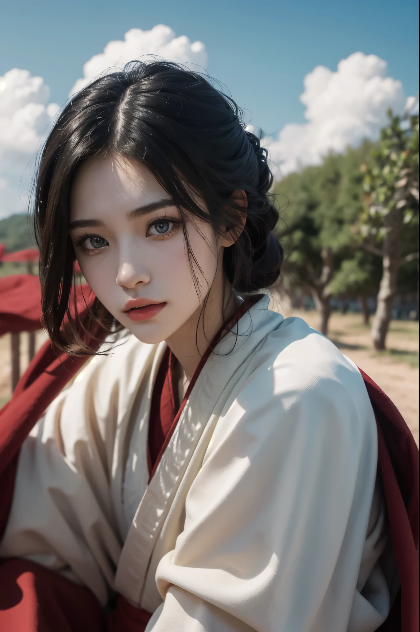 styled: Pure+ultra-realistic realism, Fair skin texture, Bright eyes, lightand shade contrast, high textured, ultra HD picture quality, High nose, dynamic angle, Light tracing, Realism, offcial art, Unity 8k壁纸, Ultra detailed paintings, A masterpiece of beauty, best qualityer, Glows skin, movie level lighting, Sideways full body styling, setting in nature, red color Hanfu，palace background，outside，with blue sky and white clouds