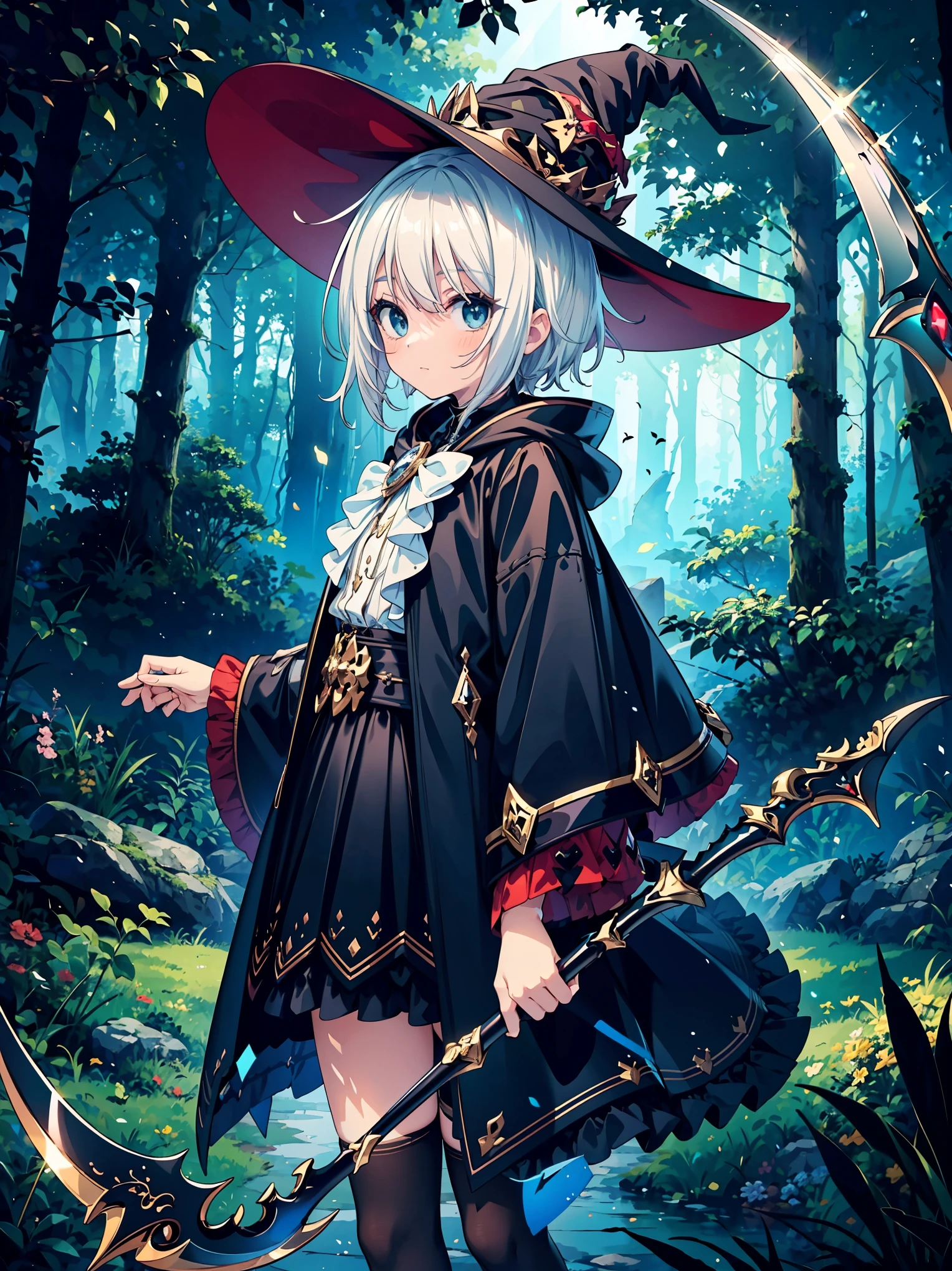 (masterpiece), best quality, highly detailed, A Magus girl with white hair holdding a magical scythe, witch hat, huge horn, frill short skirt, red and black outfit, scythe, magic light, background is dark forests