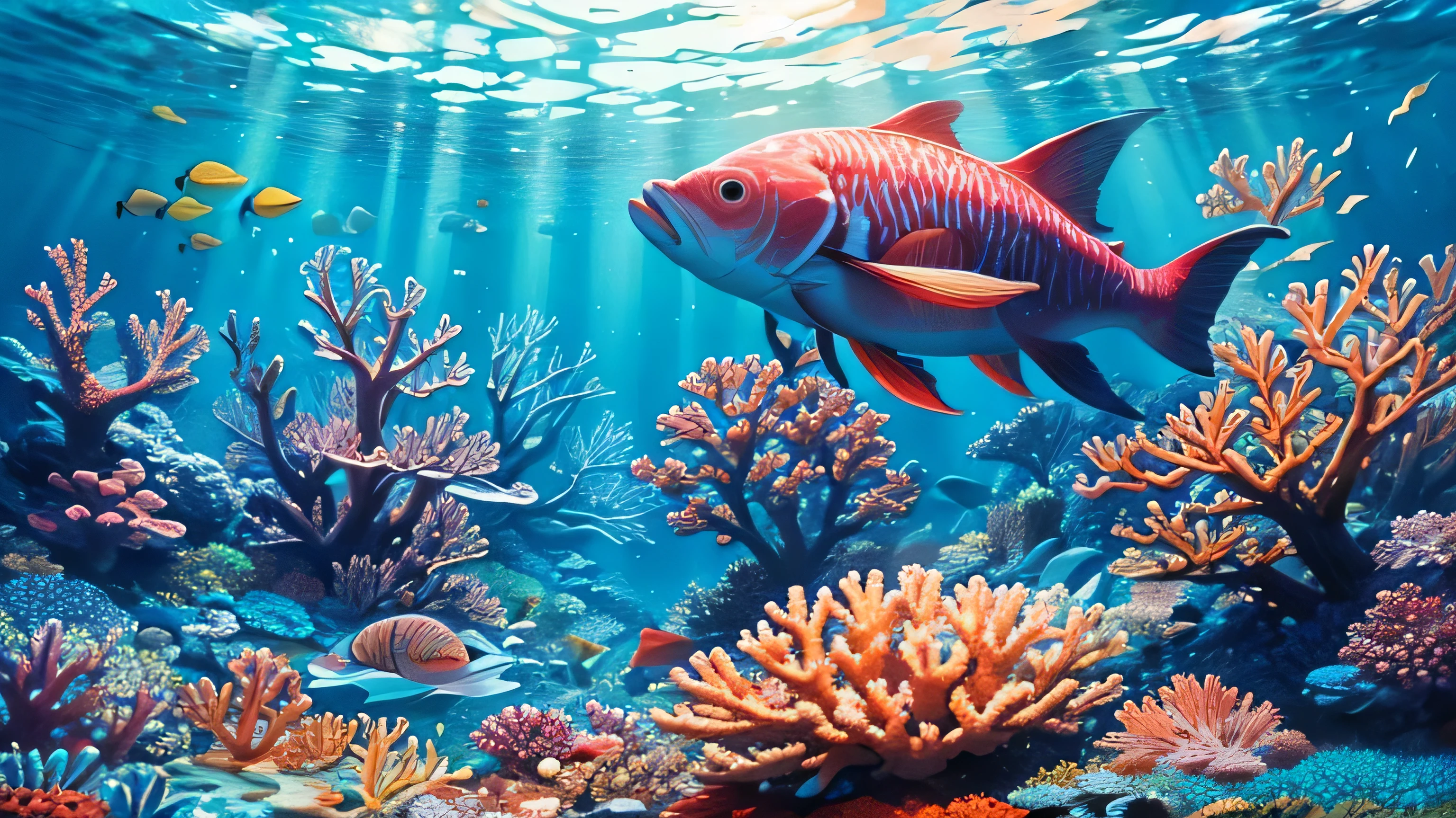 A whimsical underwater world teeming with colorful coral reefs, exotic fish, and a hidden treasure chest.