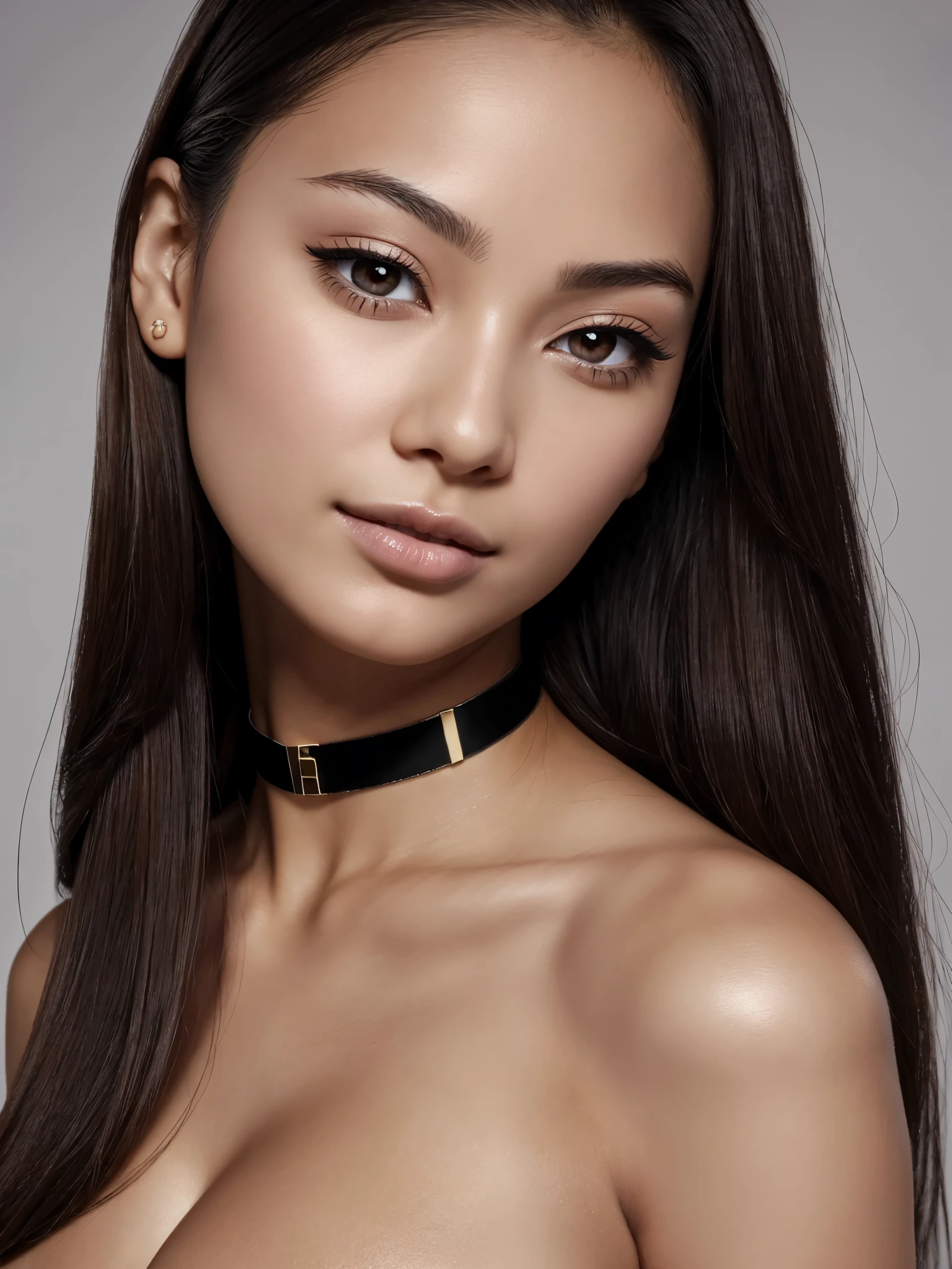((Beautiful)+nerd:0.8+cute:0.9) asian_woman, 18_years_woman, young_facial_feautures, (short_head:1.5 round_face:1.5), long_hair straight_hair (black_hair:1), symmetric_eyes:1 monolid_eyes:1 large_eyes:1.2 short_eyes:1.2 eye_wings:0.8 brown_eyes:1.5 mahogany_brown_eyes:1, double_eyelid:0.8, small_eyebrows:1.5 rounded_eyebrows:1.3, (tanned_skin:1.3), european_nose:1 delicate_nose:1.2, young_gorgeous_woman, feminine_cheeks large_cheeks:1.3 round_cheeks:1.2 cheek_dimples:0.9, small_lips:1.4 pink_lips:0.9, most_beautiful_woman (1Woman:1.5, (Masterpiece, 8K, best quality, highres:1.5), (three_quarter_shot:1.5, looking_at_viewer:1.5, body_looking_at_viewer:1.5), white_photoshoot:1, white_room:1, white_backdrop:1.5, standing, neutral_body_posture:1.5, (neutral_facial_expression:1.5, closed_lips:1), wearing white_strapless_mini_dress), slender_body:1, short_body:1, (Big breasts:1.4), choker
