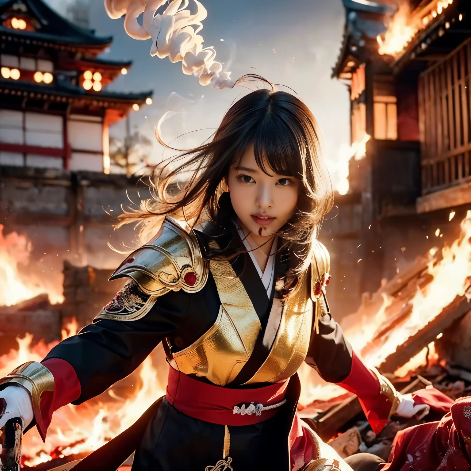 (((Realistic, masterpiece, best quality, crisp detail, high definition, high detail, sharp focus, perfect studio lightning))), 20 years old assassin,((( in the middle of a war, kasumi arimura, fighting stance))), wearing (((fully decorated golden armor, armored kimono, blood scattered face, blood bath, blood shed))), (((fire everywhere, smoke everywhere, blood everywhere, death everywhere, japan bakumatsu period, dead bodies,carcass, ,fire,smoke,burned japanese castle village,hellish ) traditional village background)