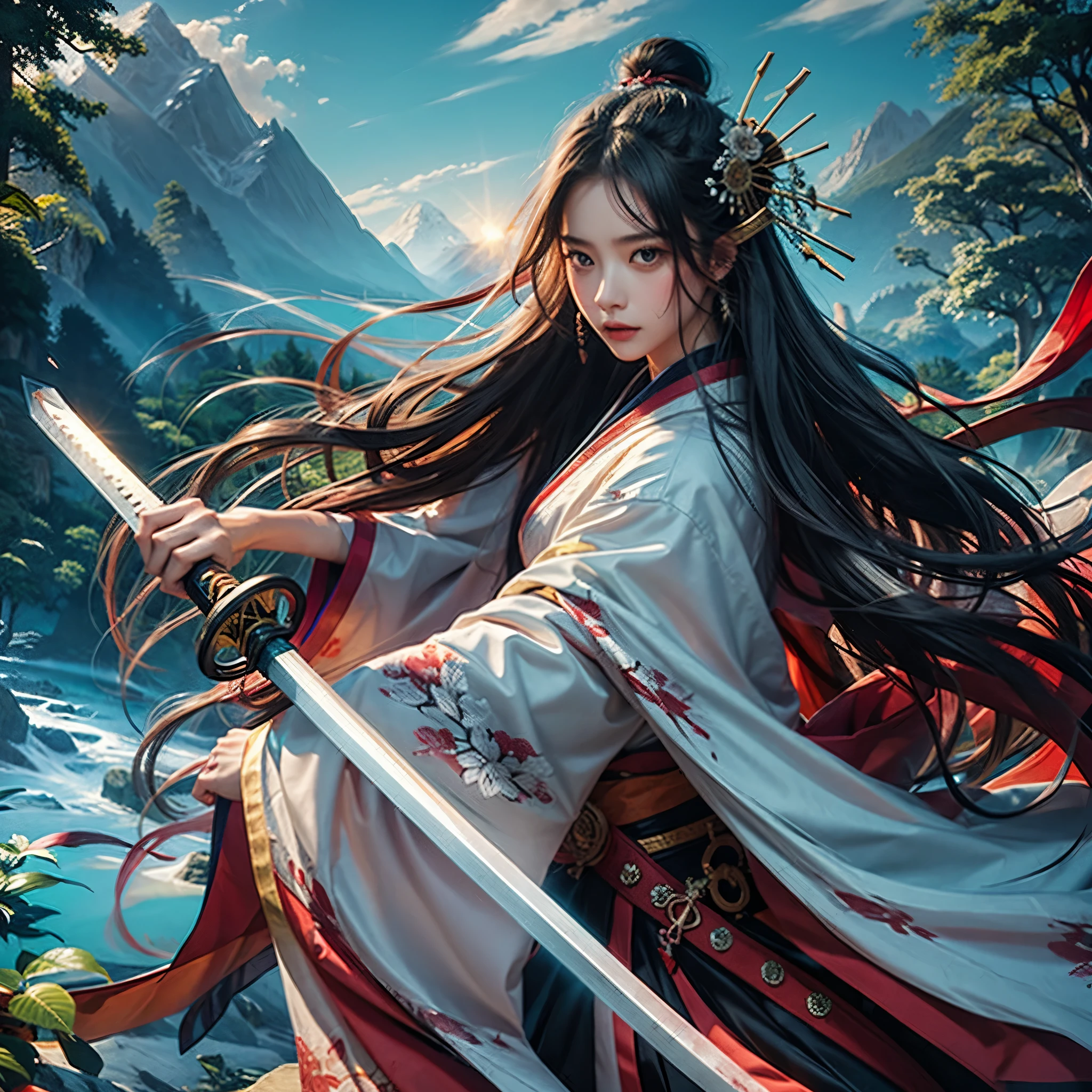 (woman swordsman、Hold the sword、Iai-no-I、Japanese Katana Sword)(Masterpiece 1.4, Best Quality 1.4),1girl in, Detailed skin、Detailed and Beautiful Face 1.4、Bow, Long hair, A dark-haired , Hair fluttering in the wind、White and red kimono、 Blood-stained kimono、Sandals、Official art, Good composition, Official Pose, detailed portrait,Clouds and mountains background, Samurai, High resolution, Dramatic lighting and shadows, snowscape、In the wooded forest