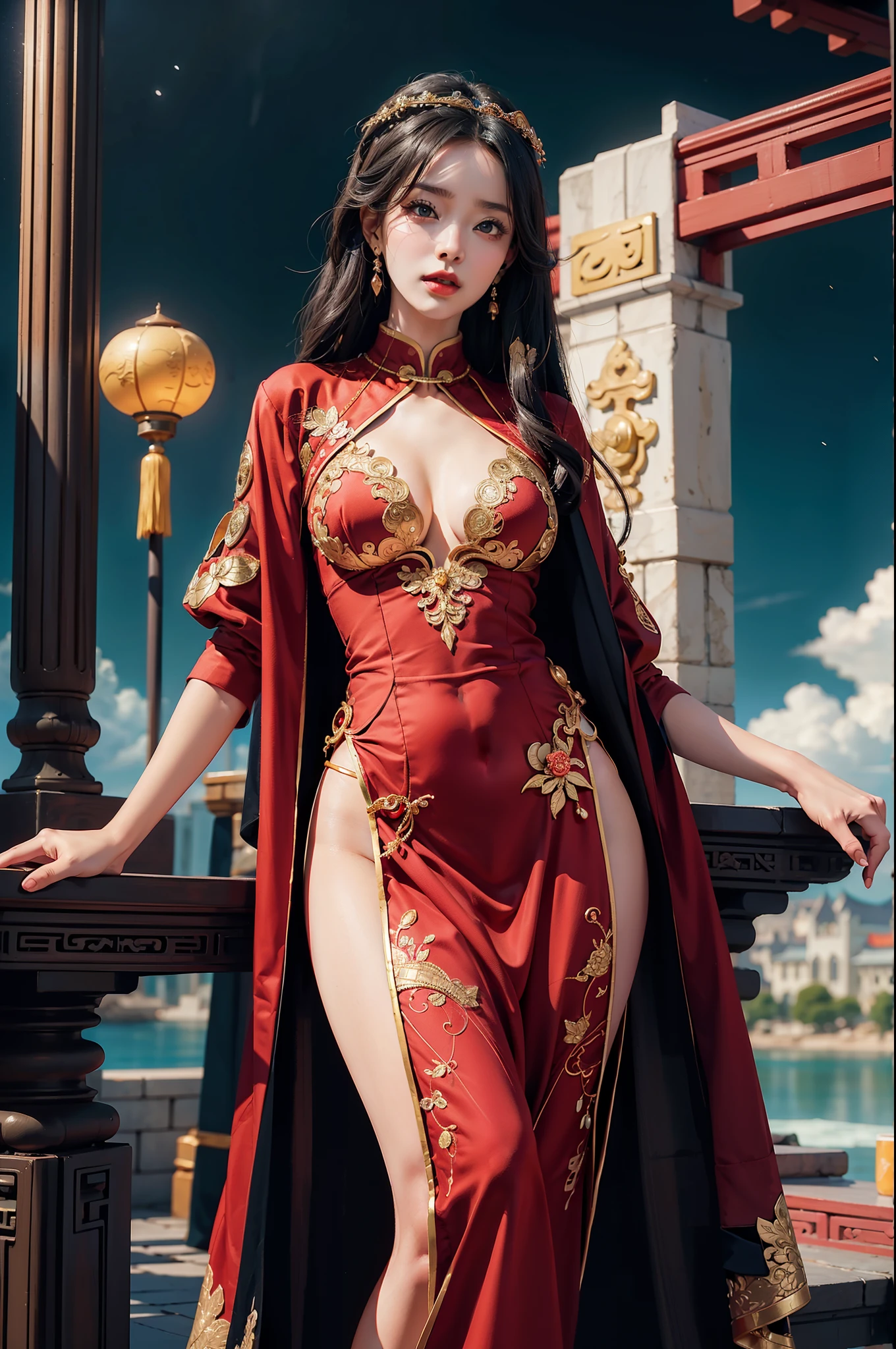 1female,45 yers old,Married woman,legs long, a slender waist, photo exposure, report, She has long black hair,Redlip,The stands up,seen from the front, curlies, sky with many clouds,(((tmasterpiece),(Very detailed CG unified 8k wallpaper),Best quality,movie lighting,detailed back ground,Beautiful right eye pupil,(very delicate beautiful),(Beautiful and detailed eyes description),ultra - detailed,tmasterpiece,)),facing at the camera,A high resolution,ultra - detailed),Revealed,equipment, convex,Camel toes,Raised sexy,Queen of China(dressed in:,Gold wire embroidery,Red cheongsam,Lace,redcloak),16k,Master works,