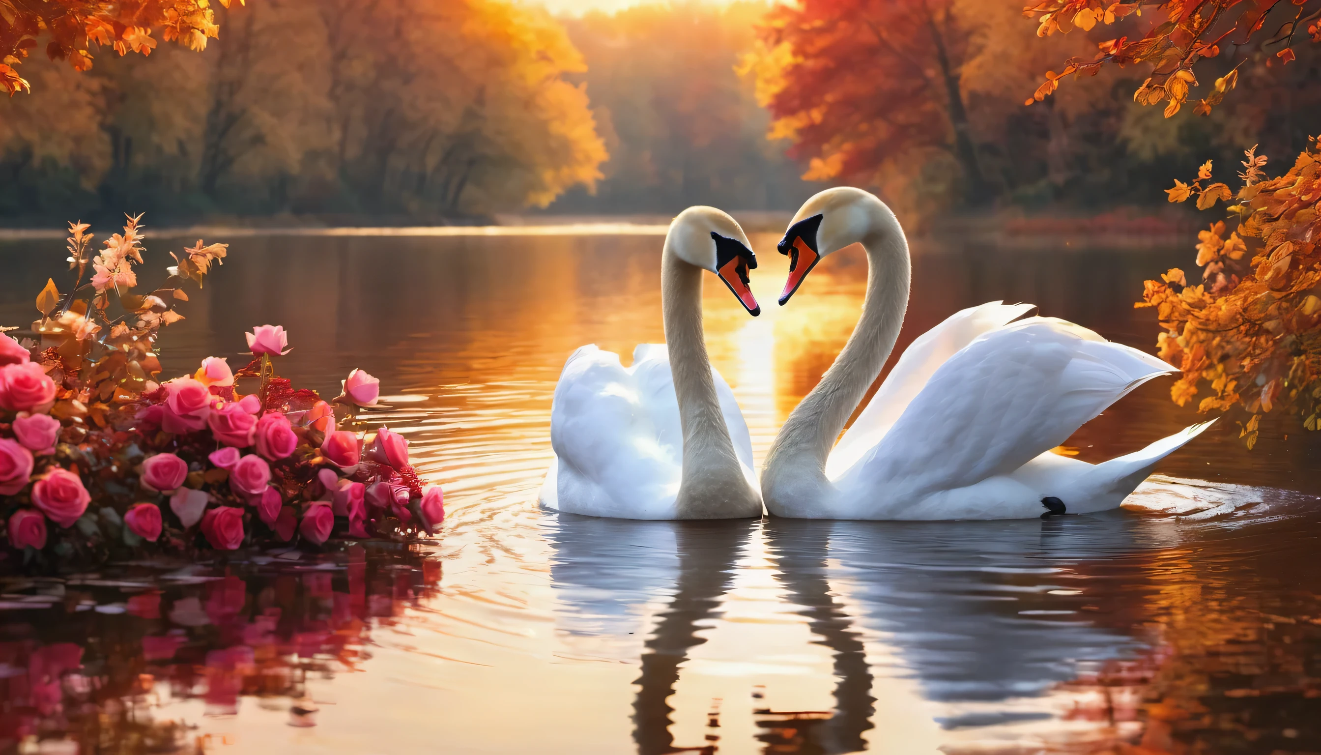 a couple of swans making a heart shape in autumn lake,beautiful swan,stylized swan,romantic scene,heart shape,morning daylight,autumn lake,(best quality,4k,8k,highres,masterpiece:1.2),spring scenery,blossoming rose flowers,vibrant colors,serene atmosphere)