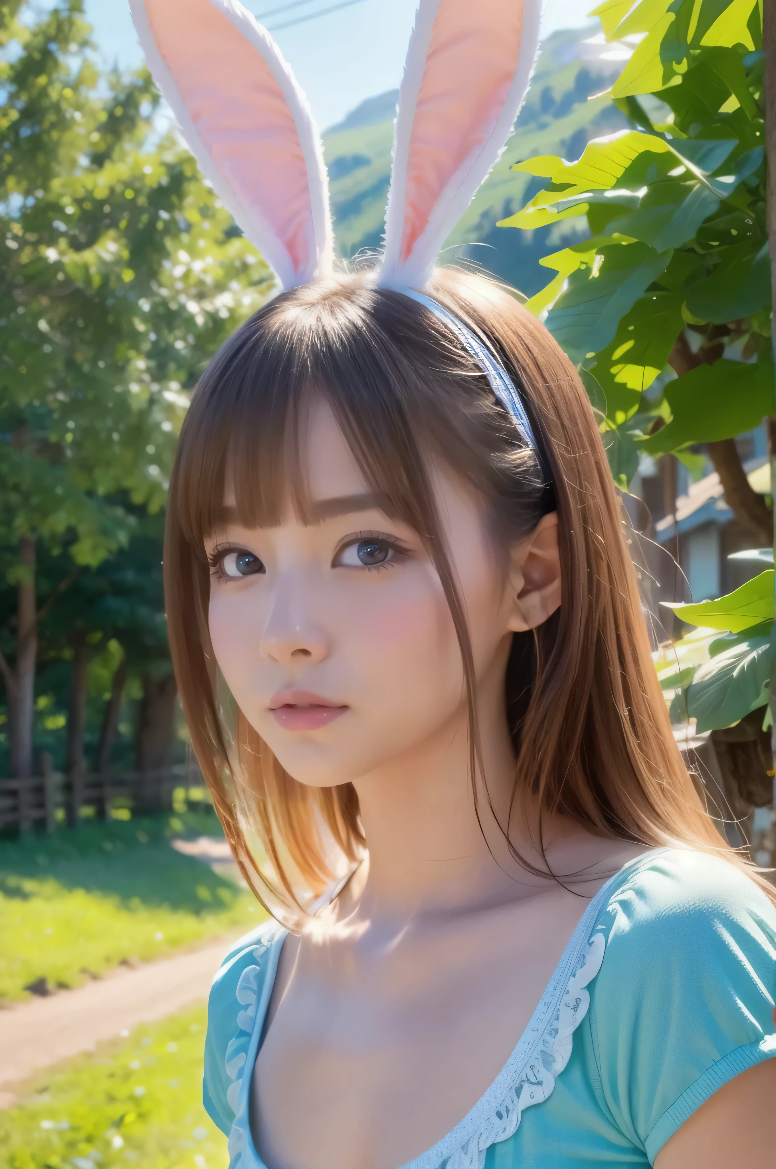 Bunny ears,absurd, super detailed,bright colors,(8k:1.5),Masseter muscle part,very beautiful detailed face and eyes、valley、summer morning、Ghibli,summer country road,25years old,