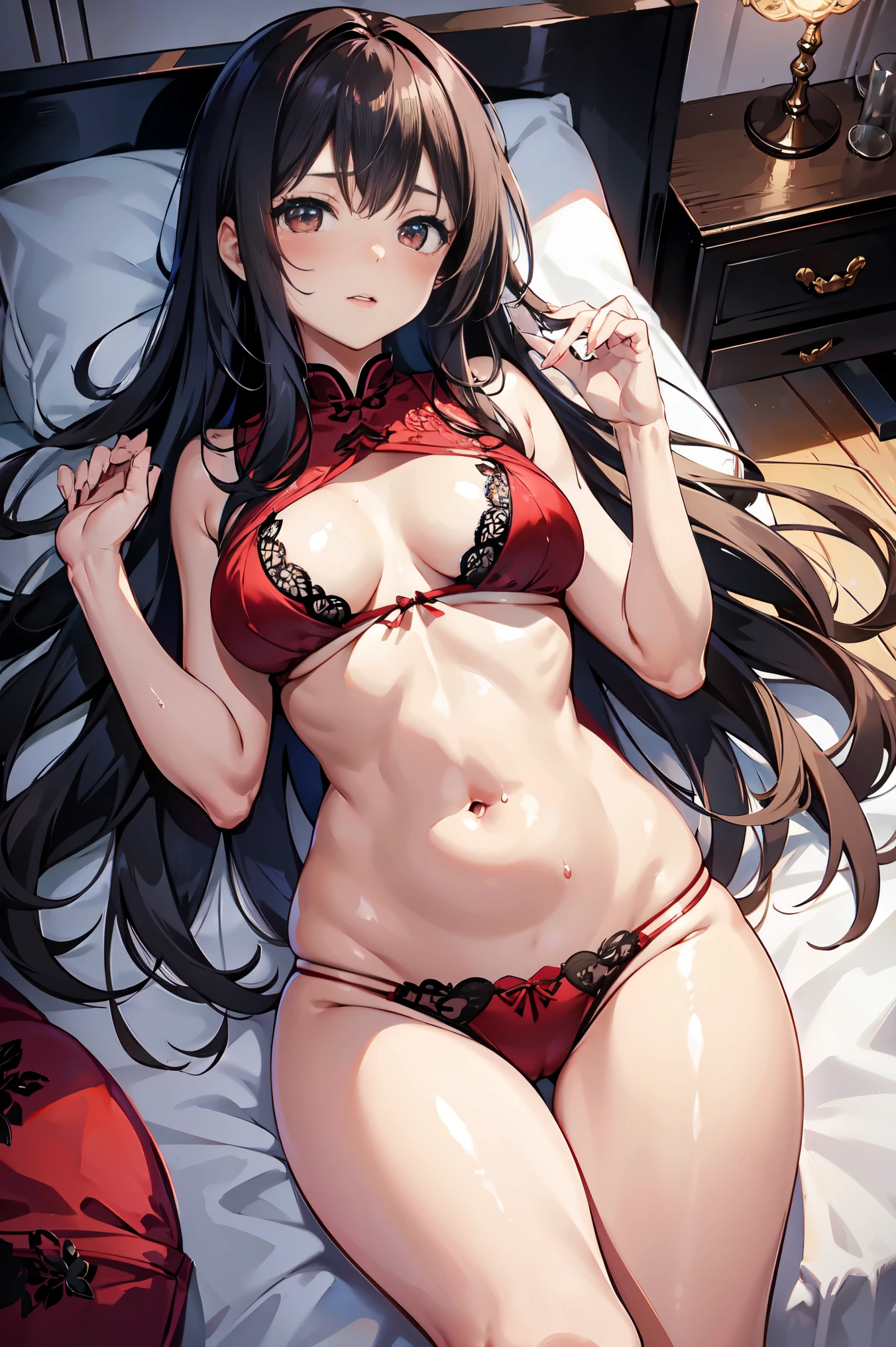 table top,highest quality,High resolution,small details,alone,adult woman,blush,curve,big breasts,(Wet white cheongsam、gorgeous embroidery),luxury hotel bed、dark brown long hair、wavy hair、shy laugh、stockings、plump hips、plump nipples、lying in bed、Sexy red lace panties、I open my legs and feel itching、red lace bra