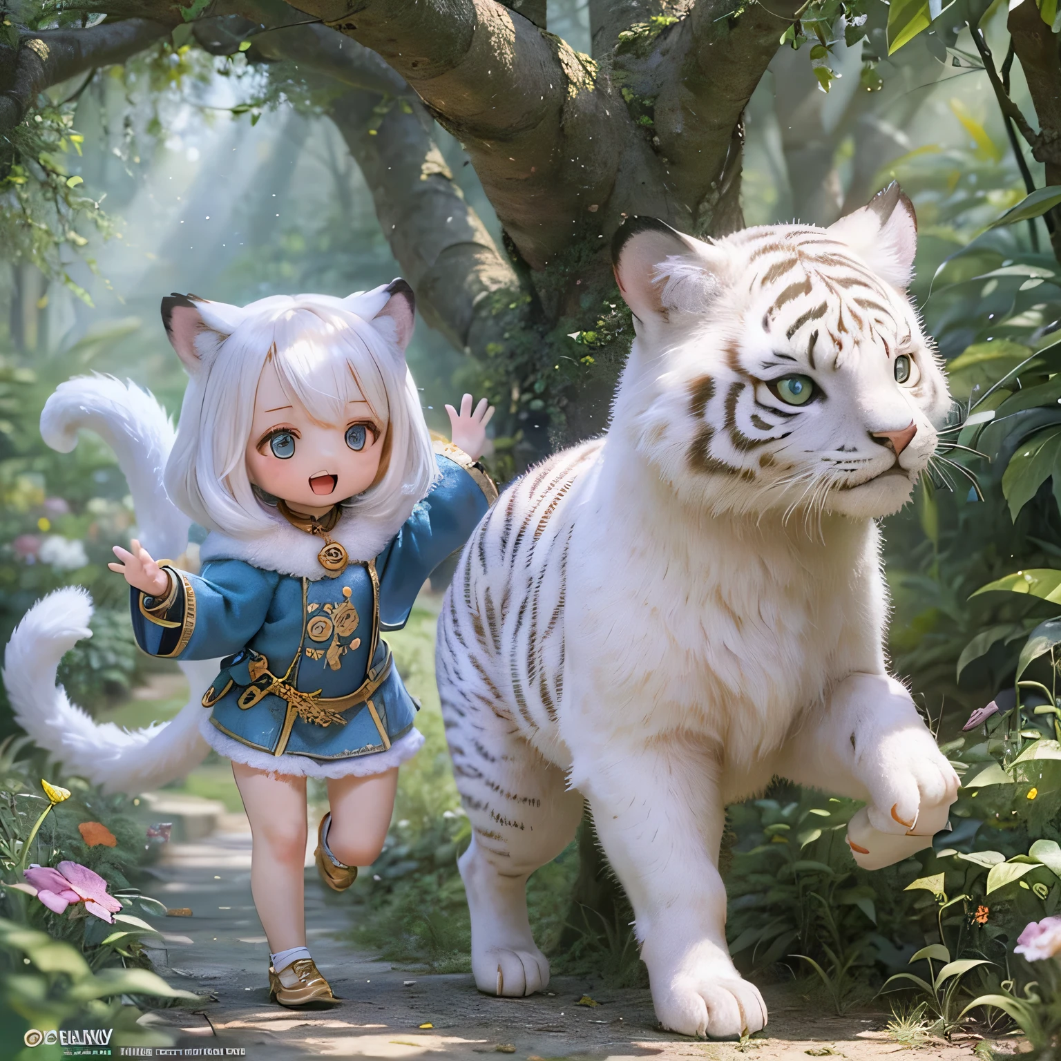 A picture of two s running, Mainly oil paintings of white tigers, chibi style, Bright colors, dynamic composition, Fast-paced movement, playful expression, soft lighting, fantastic atmosphere, energetic brushstrokes, detailed fur texture, beautifully drawn girls, fun and cute, intense and attractive, enchanting eyes, Sophisticated shading, Smooth blending, quirky background, lively and lively, stylized features, fun and carefree, magic essence, Dreamy environment, action packed, Fun movement, attractive artwork, Expertly crafted, High resolution masterpiece:1.2, Super detailed, realistic:1.37, White tiger girl with intricate fur pattern, dynamic pose, lively look, Run through a lush garden, 咲く花と高いwood々surrounded by, wood々sunlight shining through the gap between, cast a speckled shadow on their path, express a sense of freedom and adventure, Bringing joy and surprise to those who see it.