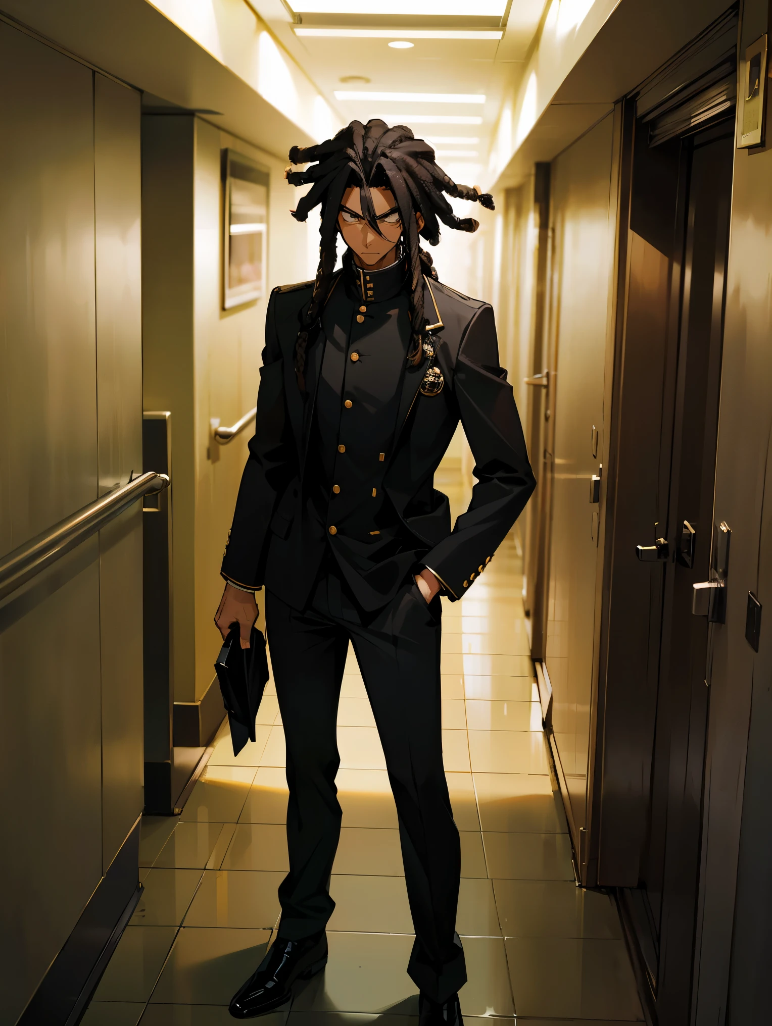 1male , Dark Skin , Blacl Hair , Dreadlocks , Black Unbuttoned Gakuran Uniform , Standing in hallway , Serious Expression