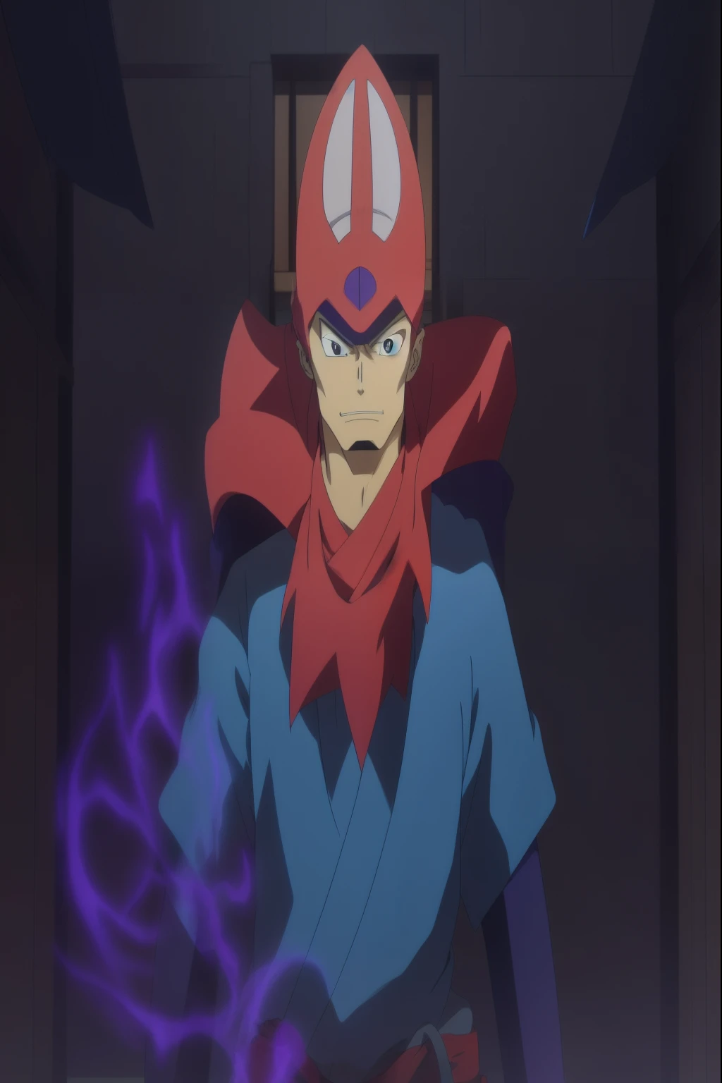 Anime character with red head and blue shirt with purple light, A villain wearing a red demon mask, Genie - Spirit, in an animated movie, anime movie screenshots, ghibli anime style, This is a continuation of the TV anime., koda kazuma, anime movie screenshots, Tanjiro Kamado, Akira in Chinese mythology, anime still film anime shikishi