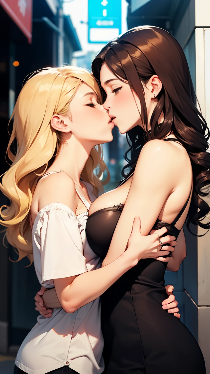 Female couple kissing on the streets of China. A bare-backed woman and a woman wearing a white shirt kiss., (SFW) Work, kissing together cutely, Girl Love Art, OPPEIN, Side milk, Slightly saggy big breasts, small breasts, (((Extra long yellow curly hair))), (((Brown shoulder-length straight hair))), (girl love kiss), The mouth is very detailed, (girl love hug), touch her clothes, (touching each other's breasts), SFW version