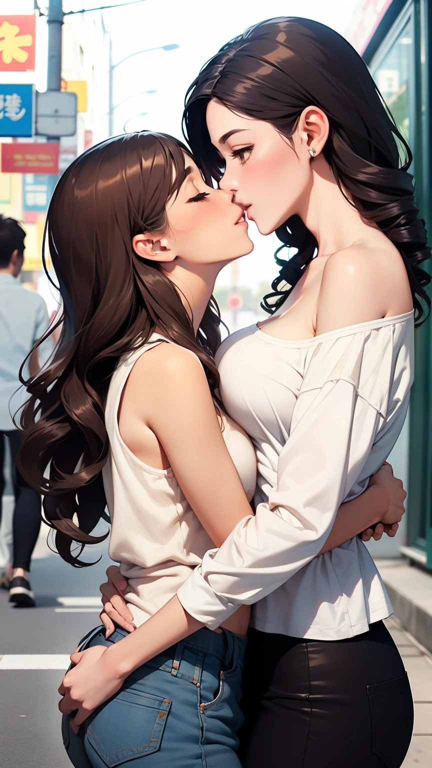 Female couple kissing on the streets of China. A bare-backed woman and a woman wearing a white shirt kiss., (SFW) Work, kissing together cutely, Girl Love Art, OPPEIN, Side milk, Slightly saggy big breasts, small breasts, (((Extra long yellow curly hair))), (((Brown shoulder-length straight hair))), (girl love kiss), The mouth is very detailed,  (girl love hug), touch her clothes, (touching each other&#39;s breasts), SFW version