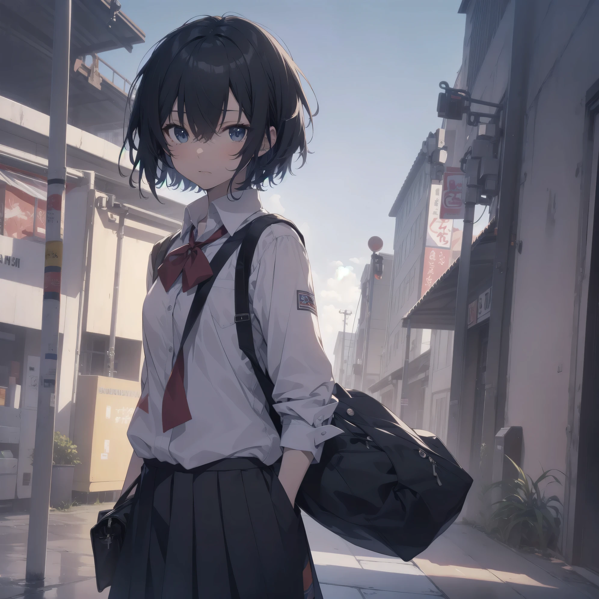 Super Absurd - Top Quality from the God of Art, Super detailed, High resolution, anime moe art style, cute girl portrait, best anime 8K konachan wallpaper, Pixiv contest winners, perfect anatomy,break, (眠そうにalone学校へ行く女の子を描いてください. )break,1 girl, (alone,little woman, 13 years old:1.3),All limbs, full finger,, The charm of an immature body, (very_short hair), shortcut, Bang, flat chest, , small ass, between legs, small black eyes, detailed and beautiful eyes, Well-proportioned iris and pupils, expressive eyes, High resolutionの詳細な髪, yawn, neck ribbon, shirt, collared shirt, skirt, pleated skirt, , (detailed lighting), (detailed background), On the way to school. break,super dense skin, Best cinematic lighting powered by famous artist, 8K,Beauty Illustration,photoshop_(Moderate),Absurd Hi-Res,UHD,rough skin,break,((artist:imigimuru)), artist:mifuru,artist:shinkai makoto,artist:sekiya asami,