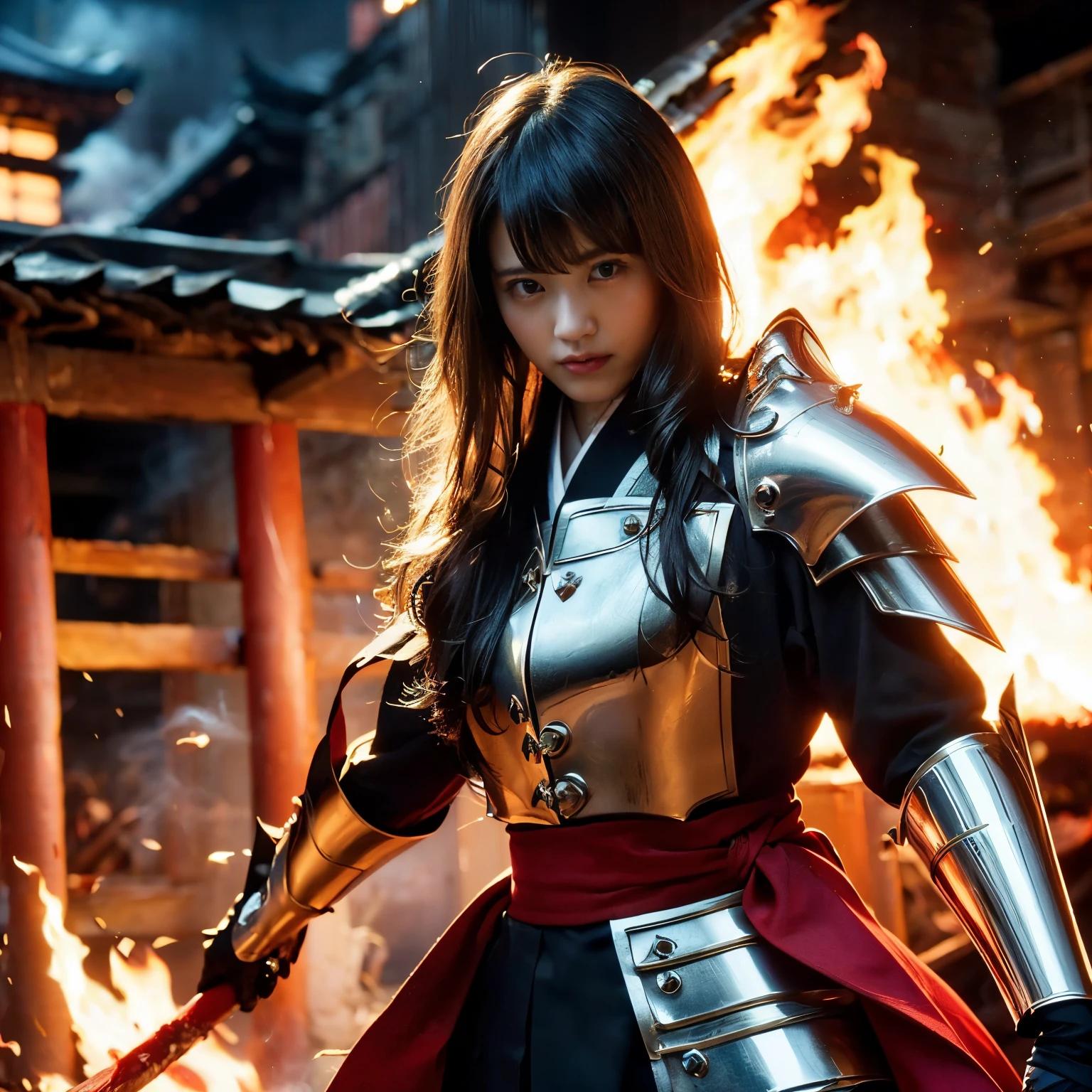 (((Realistic, masterpiece, best quality, crisp detail, high definition, high detail, rich detail, sharp focus, colorful, perfect studio lightning))), ((20 years old goddess, kasumi arimura)),(((in the middle of war, epic war scene, severely wounded, slashed, stabbed by swords, pierced by arrows, attack stance))), wearing (((beautiful ornamented golden heavy armor, decorated full body armor, fully armored beautiful kimono, holding beheqded head, blood scattered face, blood tears, blood bath, blood shed))), (((fire everywhere, blood everywhere, death everywhere, japan bakumatsu period, dead bodies,carcass,burned japanese castle,hellish,chaos)) traditional village background)