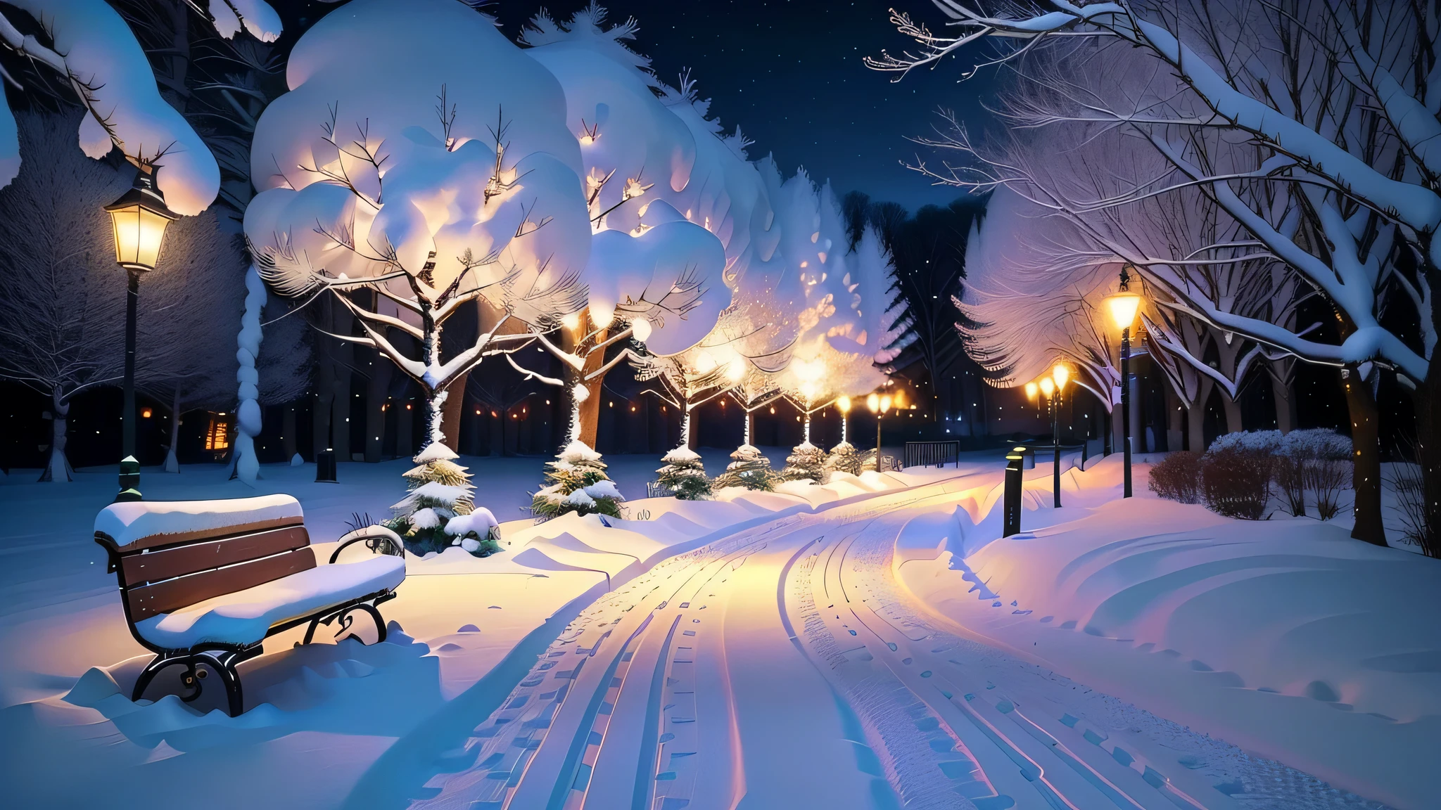 snowy path with benches and string lights in a park, snowy winter christmas night, light snowfall, cozy lights, winter setting, beautiful winter area, snowy night, snowfall at night, snowy winter scene, winter scene fantasy, winter wonderland, cosy enchanted scene, winter night, fairy lights, snowy winter, winter atmosphere, perfect lighting in a snow storm, glowing snow, cozy setting