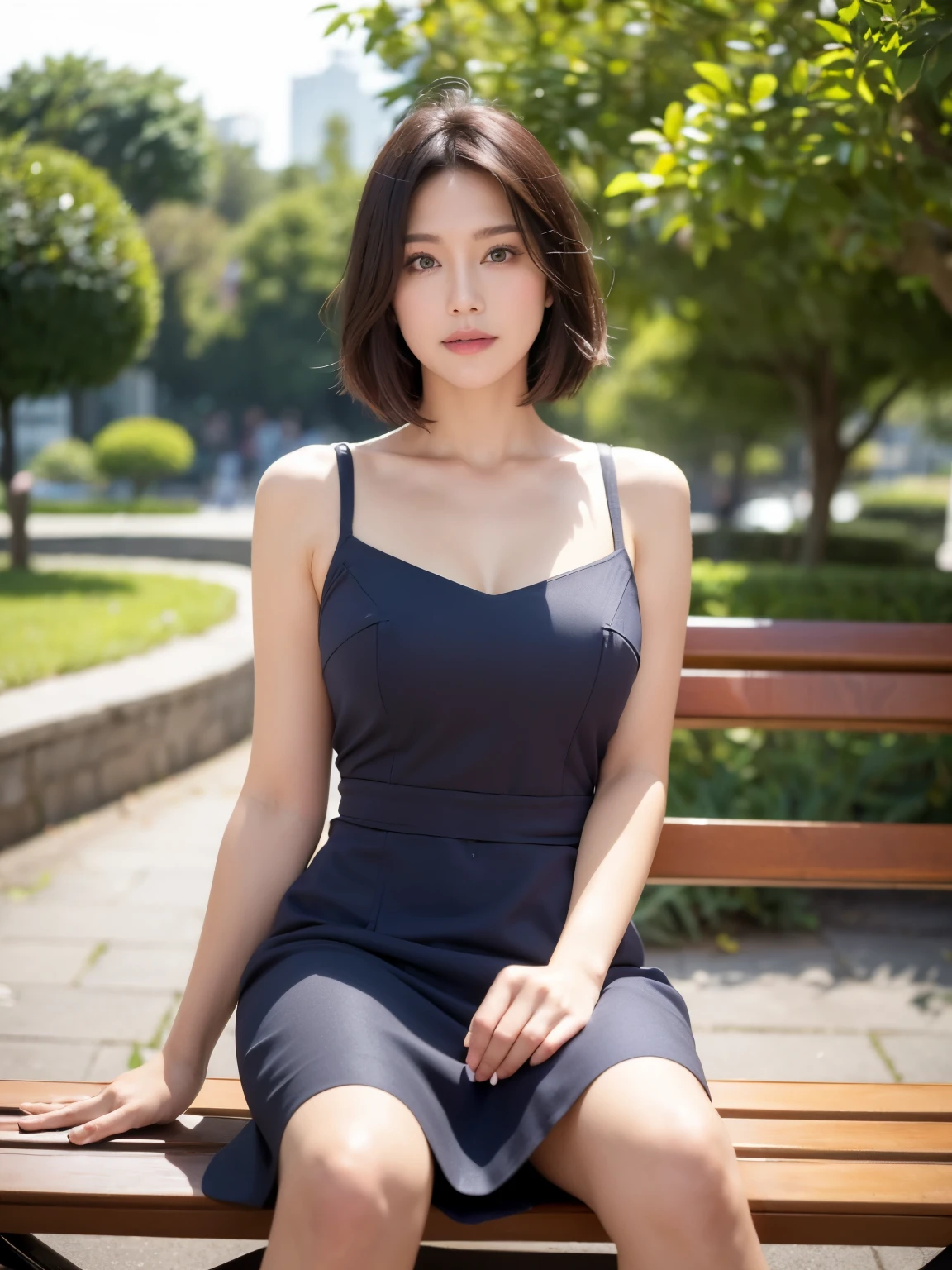 best quality, In 8K, Masseter muscle part, lively, sharp focus, high quality, High resolution, detailed face, detailed eye, thick lips, (look at the audience), solo, Beautiful woman, 28 years old, plum, short black hair, cleavage, brightly colored patterned dress, afternoon、in front of the park garden,sitting with legs together on a bench：1.5、Watching away