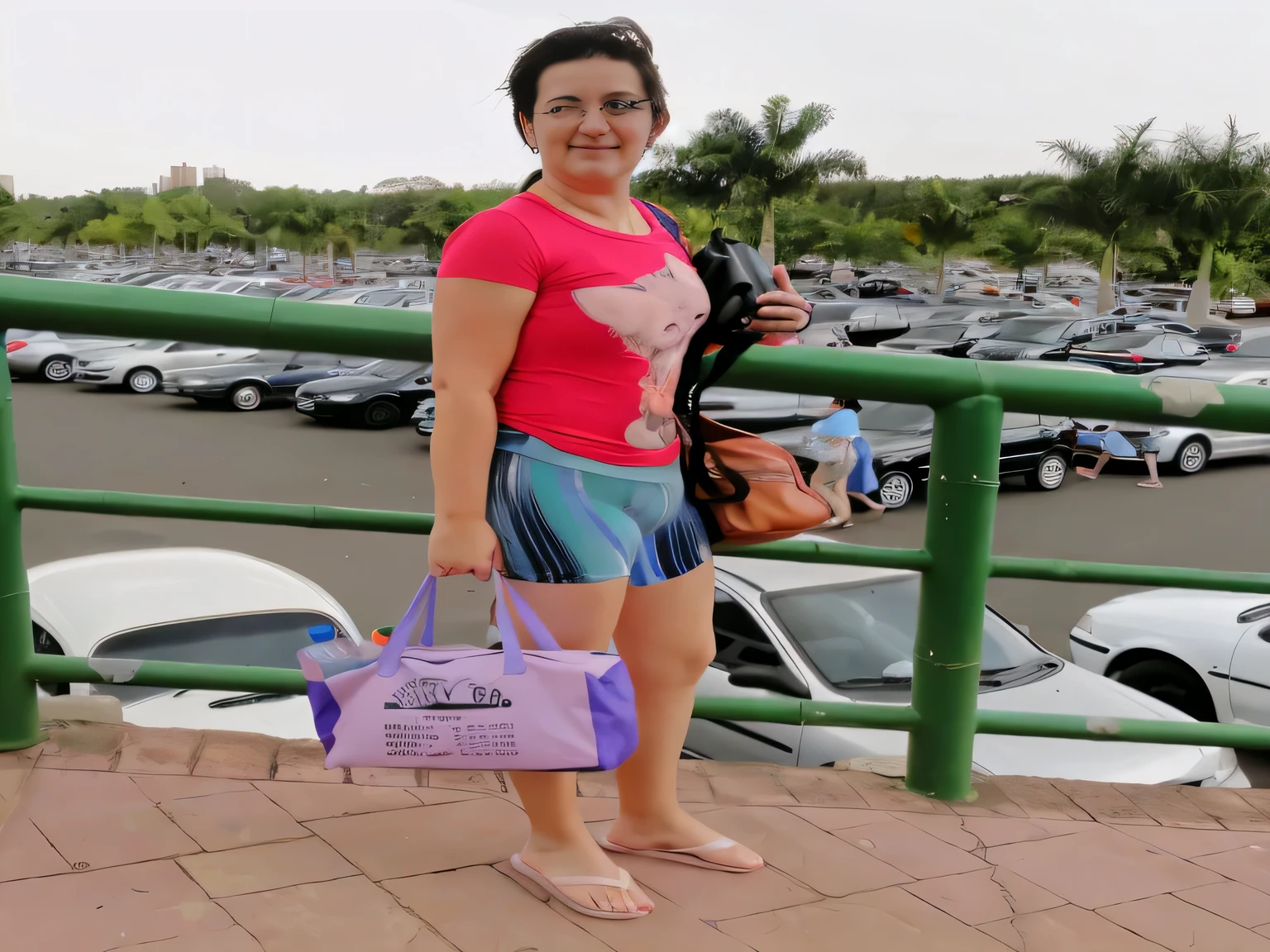 woman standing on a balcony with a purple bag and a pink bag, wearing travel clothes, standing in a parking lot, wearing a red t-shirt and greenish shorts, short and tight, in a parking lot, vacation photo, near the park. fit woman, high resolution, high quality, 8k