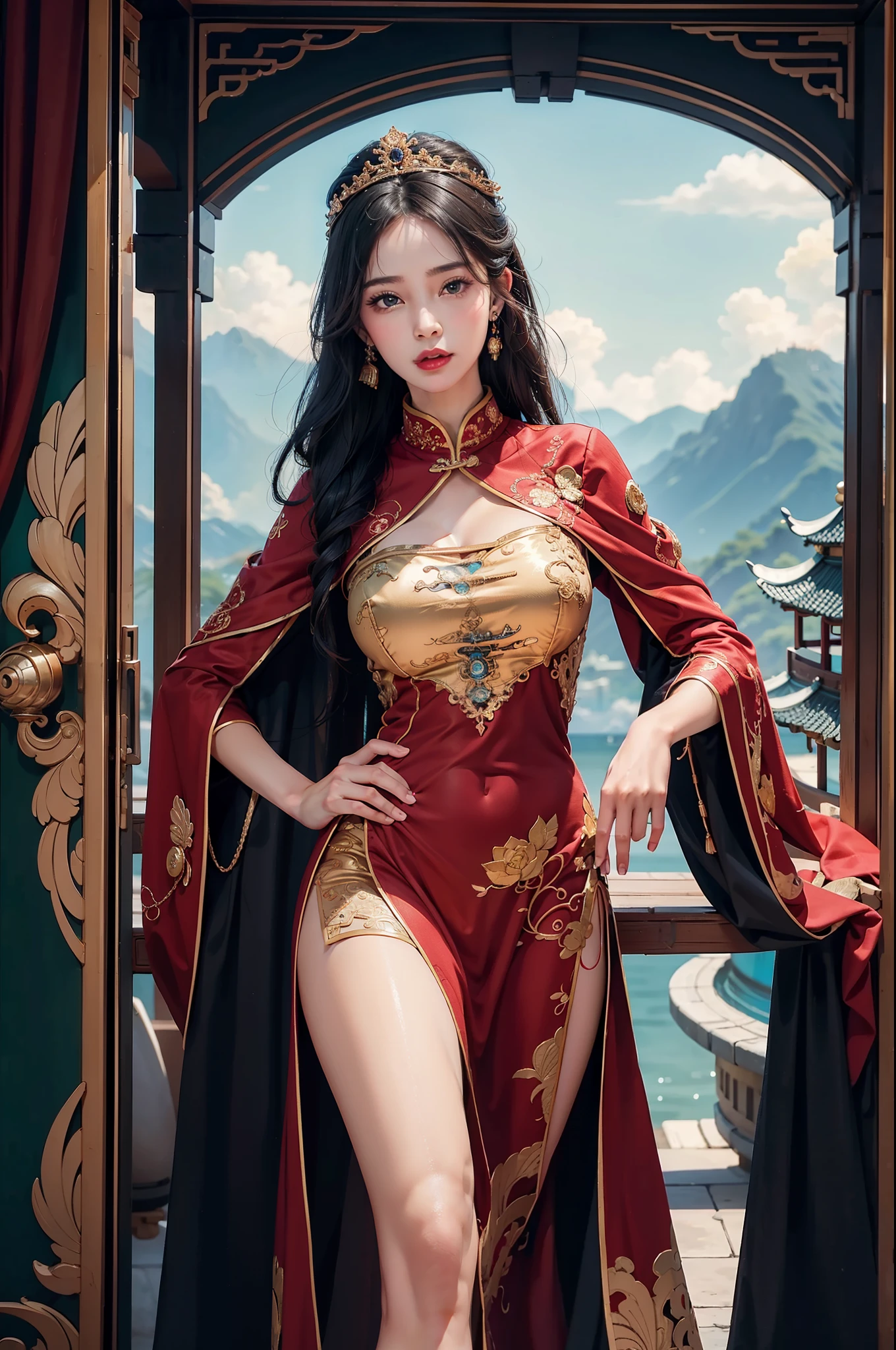 1female，45 yers old，Married woman，legs long, a slender waist， photo exposure， report， She has long black hair，Redlip，The stands up，seen from the front， curlies， sky with many clouds，（（（tmasterpiece），（Very detailed CG unified 8k wallpaper），Best quality，movie lighting，detailed back ground，Beautiful right eye pupil，（very delicate beautiful），（Beautiful and detailed eyes description），ultra - detailed，tmasterpiece，）），facing at the camera，A high resolution，ultra - detailed），Revealed，equipment， convex，Camel toes，Raised sexy，Queen of China（dressed in：，Gold wire embroidery，Red cheongsam，Lace，redcloak），16k，Master works，