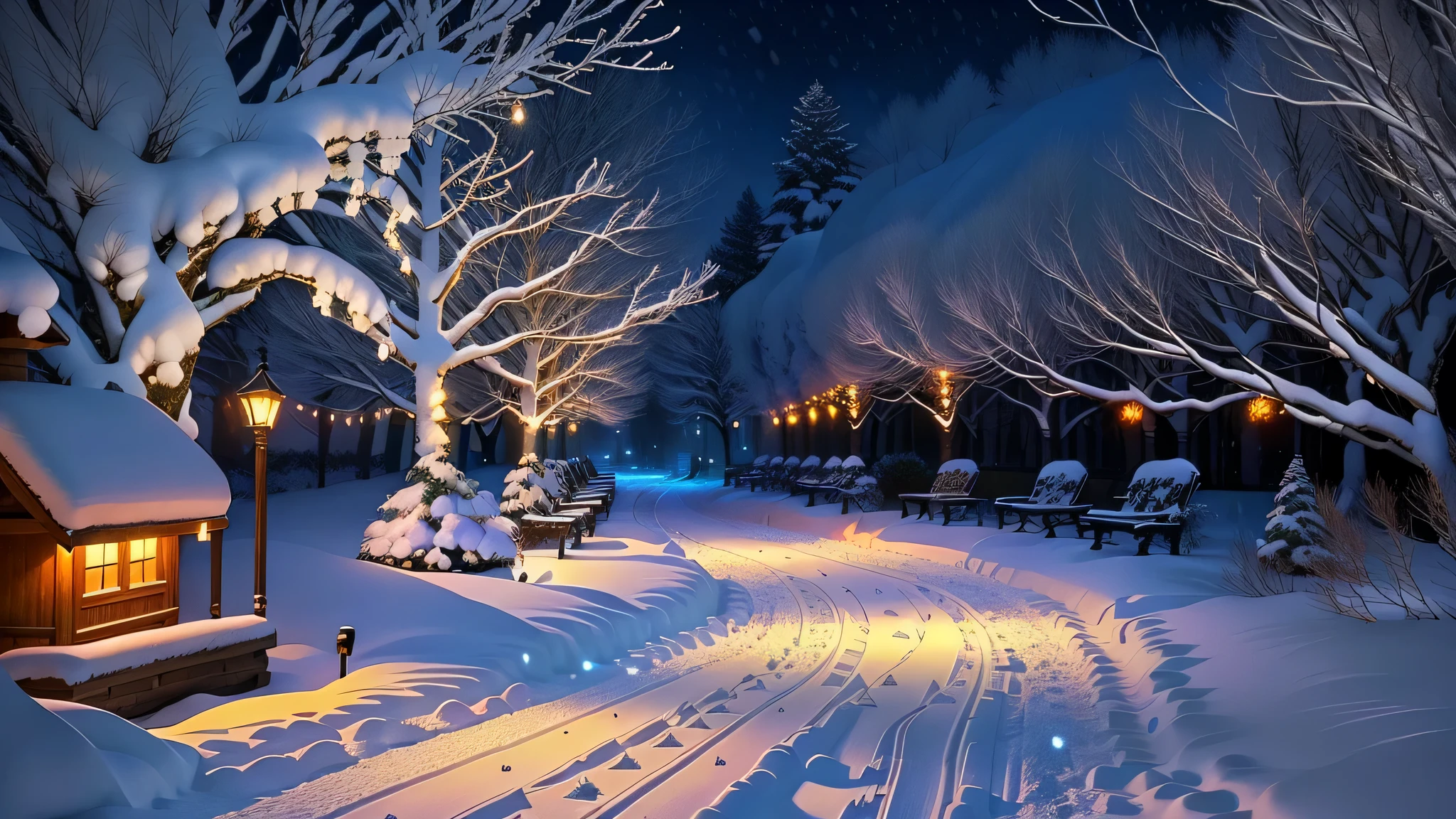 snowy path with benches and string lights in a park, snowy winter christmas night, light snowfall, cozy lights, winter setting, beautiful winter area, snowy night, snowfall at night, snowy winter scene, winter scene fantasy, winter wonderland, cosy enchanted scene, winter night, fairy lights, snowy winter, winter atmosphere, perfect lighting in a snow storm, glowing snow, cozy setting