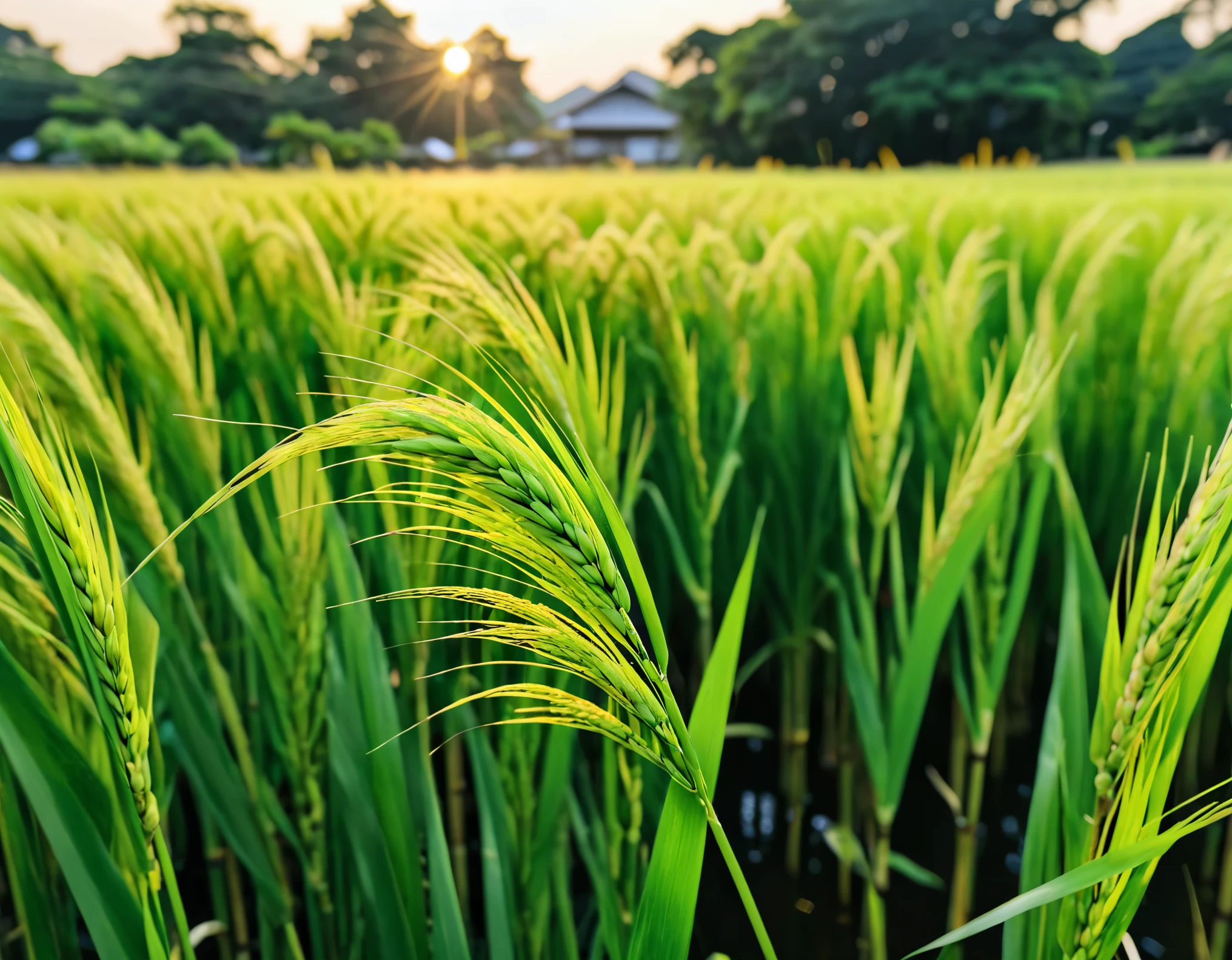 rice paddy/paddy(masterpiece, best quality, super detailed, lifelike),光暈渲染在一望無際paddy.夕陽西下照映paddy.Brilliant light and shadow.Rice ears close-up.plump and low.The wind blows the rice waves.paddy旁的野餐.There are ears of rice in the foreground(best quality,4K,8K,High resolution,masterpiece),super detailed,