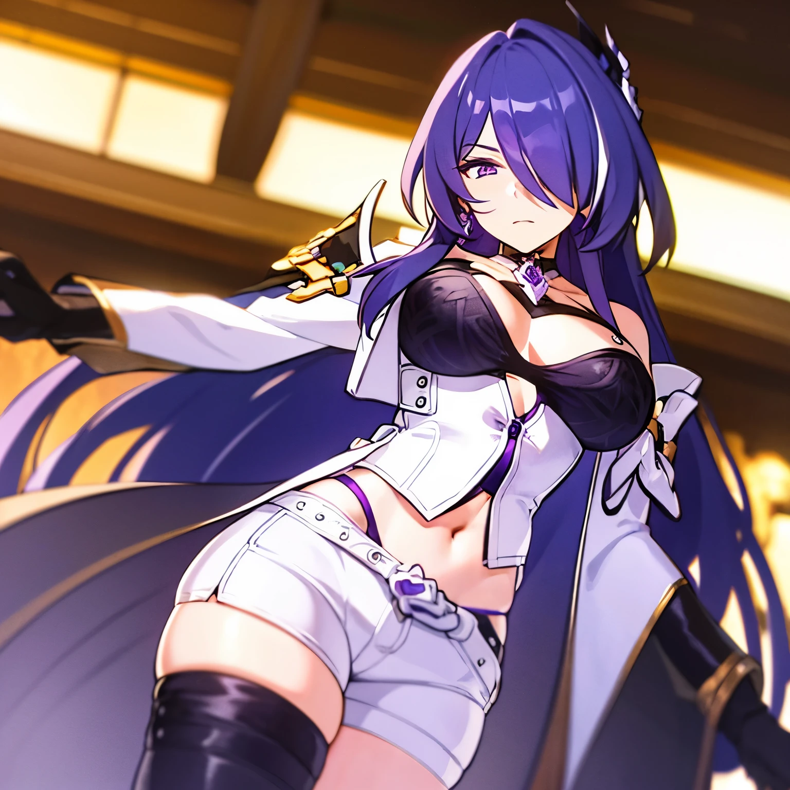 masterpiece, best quality, 1girl,,hair over one eye, purple eyes, ((white jacket, purple patterns)), shorts, (white streaks), purple hair,big breasts,seductive