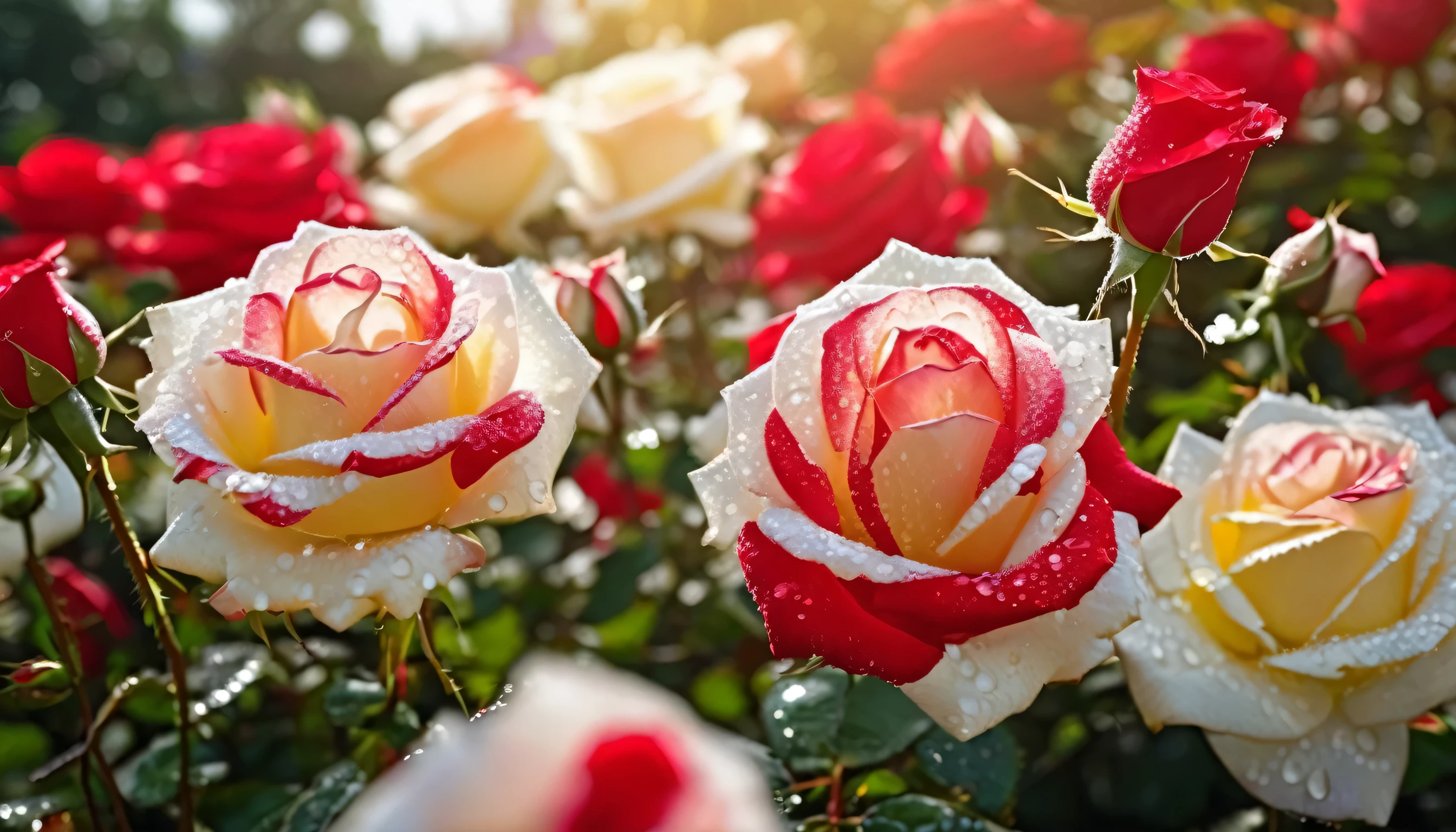 Many red and white color rose flowers in the garden and sunlight with bokeh, dew drops on flower petalasterpiece, ultra quality, high resolution, 8k, intricate: 1.2), (masterpiece), (best quality:1)
