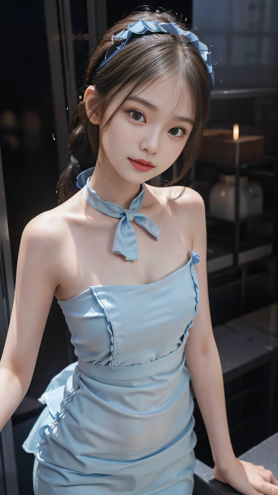 Don'don't show skin,close up of face,neat clothes,stand on stage,Long blue dress with lots of frills,one woman,full body photo,table top, best image quality, high quality, The background is clear,Beautiful woman, Japanese, be familiar with, be familiar with eyes, be familiar with skin, beautiful skin, 超High resolution, (reality: 1.4),very beautiful woman, a little young face, beautiful skin, thin, (ultra photoreal sim), (High resolution), (8K), (非常にbe familiar with) (beautiful detailed eyes), (超be familiar with), (be familiar with face), view viewer, small details, be familiar with face, look straight ahead, look straight ahead, reality的な写真, bright lighting, professional lighting, black hair,ponytail,a baby face,,髪型はponytailです,ロングponytailの髪型,slight smile,neatly organized clothes,Beautiful Japanese KPOP idol photo, ヘアスタイルはponytailです, my eyes are double and wide, baby face, smile and look straight ahead, thin, small breasts,close your face,soft shaped skirt, blue ribbon on head,
