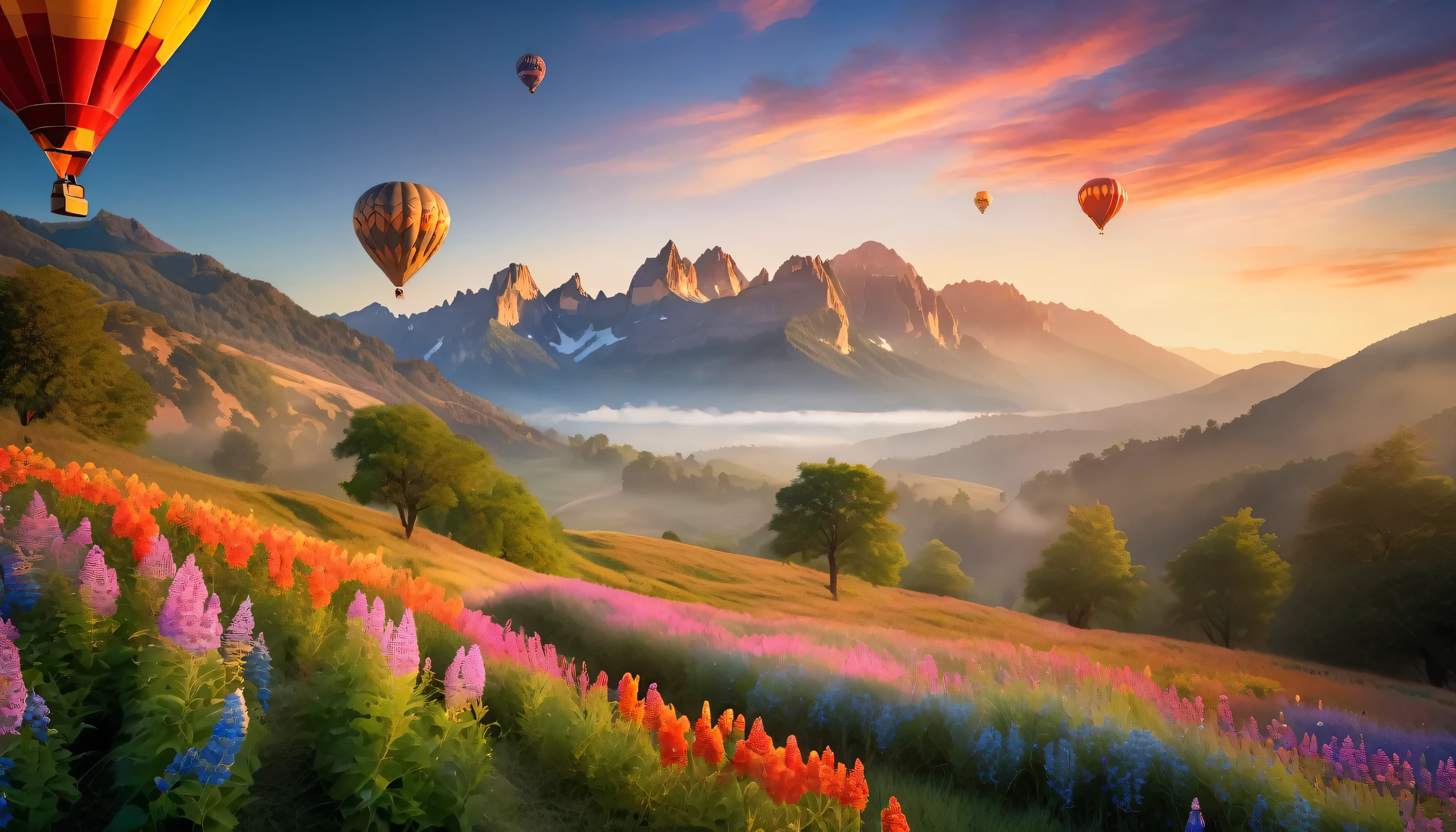 "A hot air balloon slowly ascends from between the peaks of mountains, revealing their contours under the soft glow of the pre-sunrise light. The top of the hot air balloon is adorned with various flowers and brightly colored balloons, surrounded by a hint of mist. The entire scene has a gentle color palette, with exquisite attention to detail. The different trees, grasses, and rocks among the mountain peaks are accurately depicted, creating a realistic play of light and shadow. (best quality, 4k, highres, masterpiece:1.2), ultra-detailed, (realistic, photorealistic, photo-realistic:1.37), HDR, vivid colors, studio lighting, bokeh, delicate brushstrokes, precise textures, serene atmosphere, ethereal scenery, lifelike mountain range, dynamic clouds, subtle gradients, breathtaking dawn, mesmerizing landscape, tranquil mood, dreamlike ambiance, vibrant flora, majestic peaks, peaceful journey, awe-inspiring beauty."