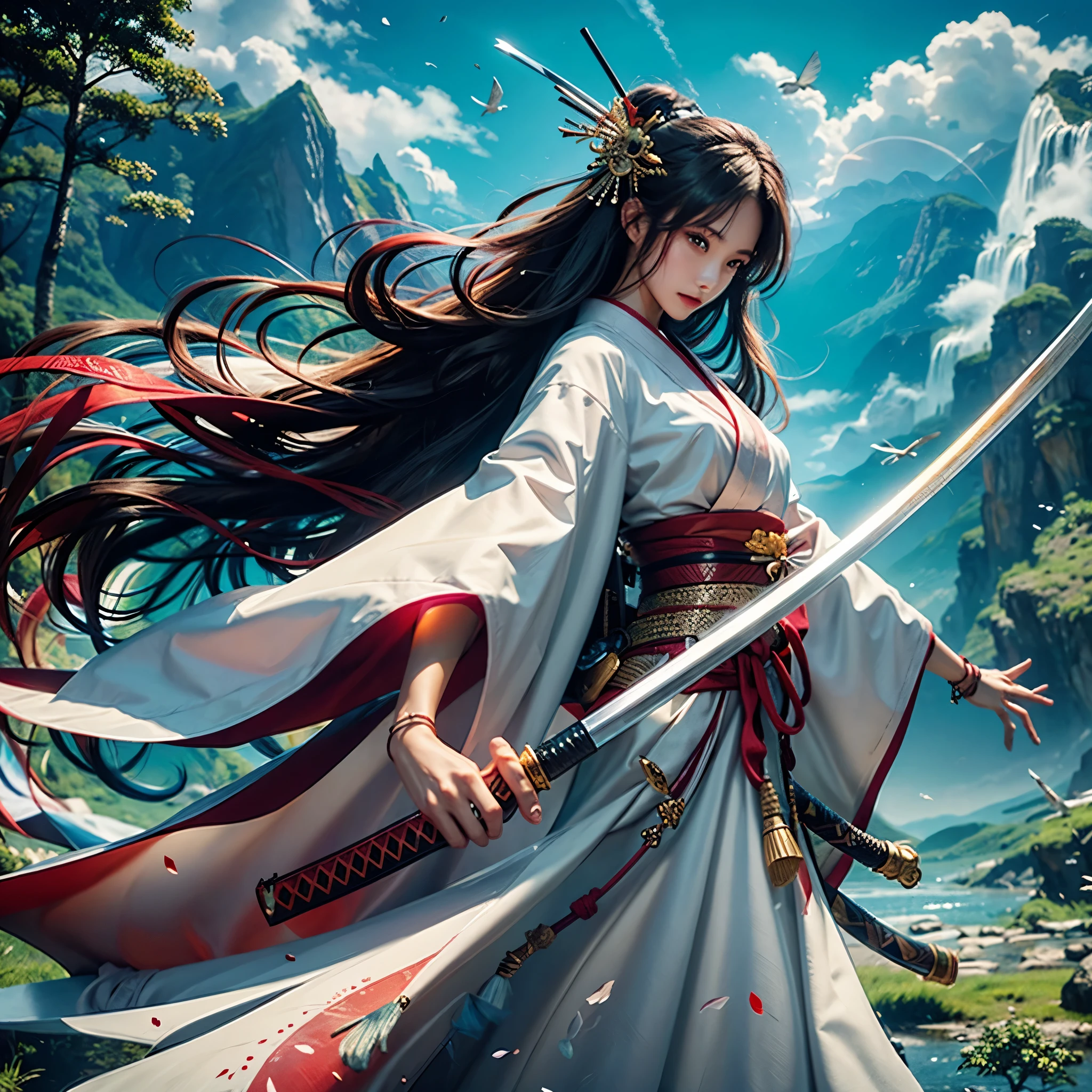 （woman swordsman、Hold the sword、Iai-no-I、Japanese Katana Sword）（Masterpiece 1.4, Best Quality 1.4）,1girl in,  Detailed skin、Detailed and Beautiful Face 1.4、Bow, Long hair, A dark-haired , Hair fluttering in the wind、White and red kimono、 Blood-stained kimono、Sandals、Official art, Good composition, Official Pose, detailed portrait,Clouds and mountains background, Samurai, High resolution, Dramatic lighting and shadows, snowscape、In the wooded forest