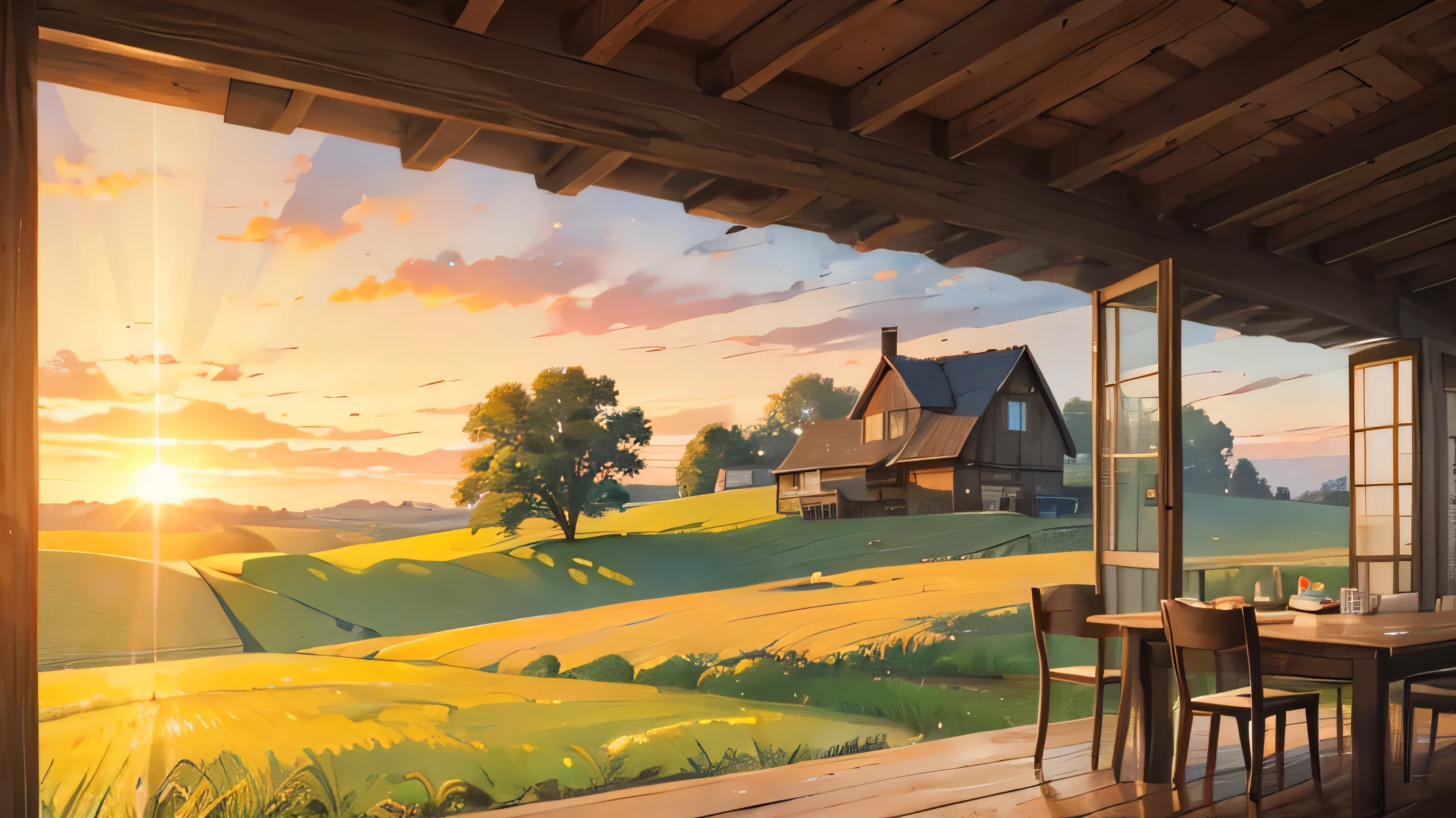 A peaceful countryside scene with rolling hills, golden fields of wheat, and a rustic farmhouse bathed in the warm light of sunset.