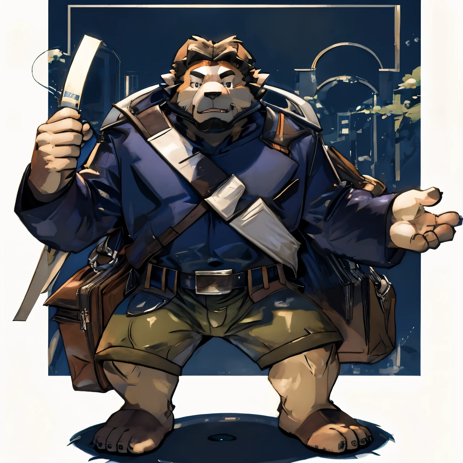 ProfessorBirch, solo, simple background, long sleeves, 1boy, standing, full body, male focus, parted lips, open clothes, shorts, teeth, belt, bag, black eyes, coat, toes, transparent background,, clenched hand, legs apart, open coat, shoulder bag, labcoat, white coat, nude, bara, muscle, gag,