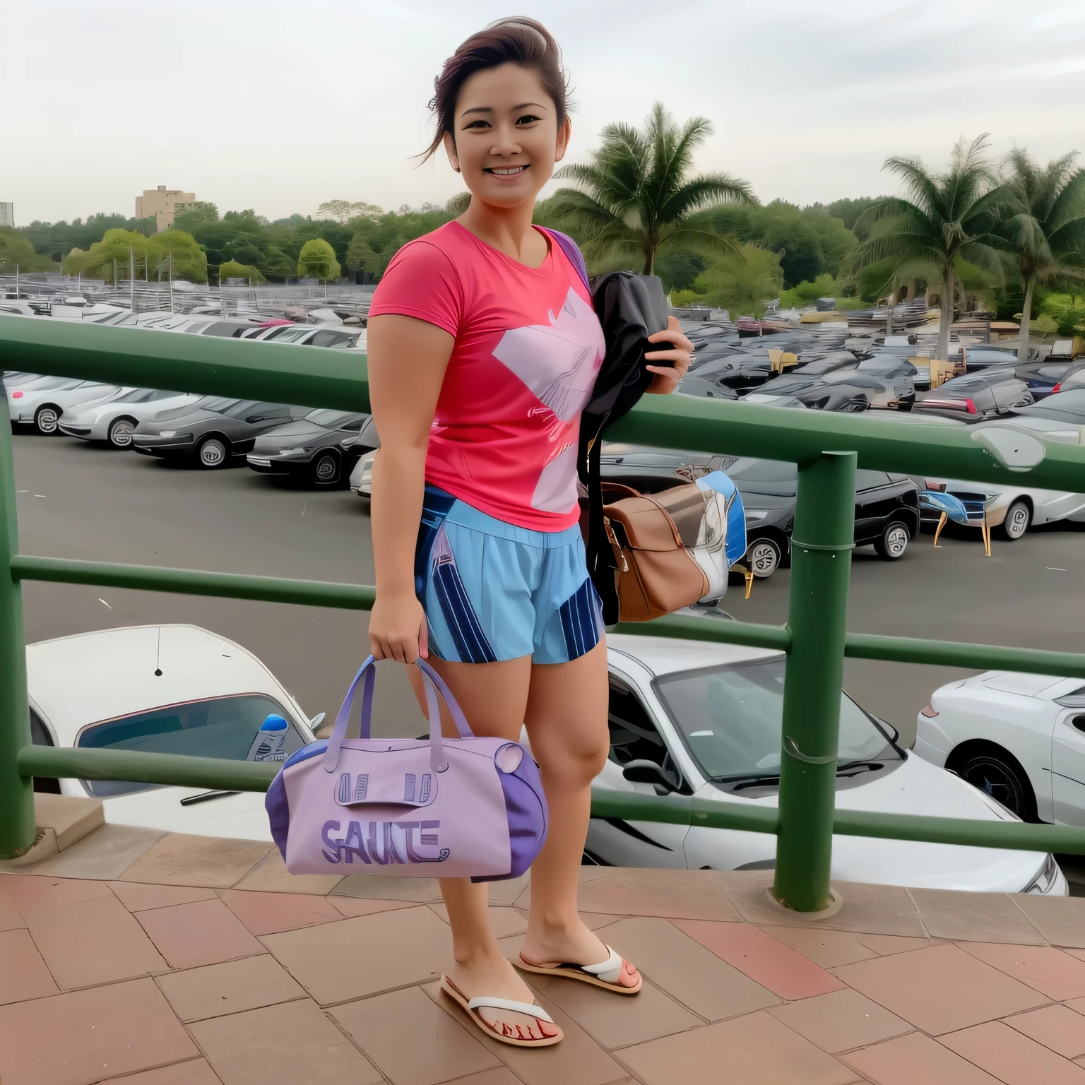 woman standing on a balcony with a purple bag and a pink bag, wearing travel clothes, standing in a parking lot, wearing a red t-shirt and greenish shorts, short and tight, in a parking lot, vacation photo, near the park. fit woman, high resolution, high quality, 8k