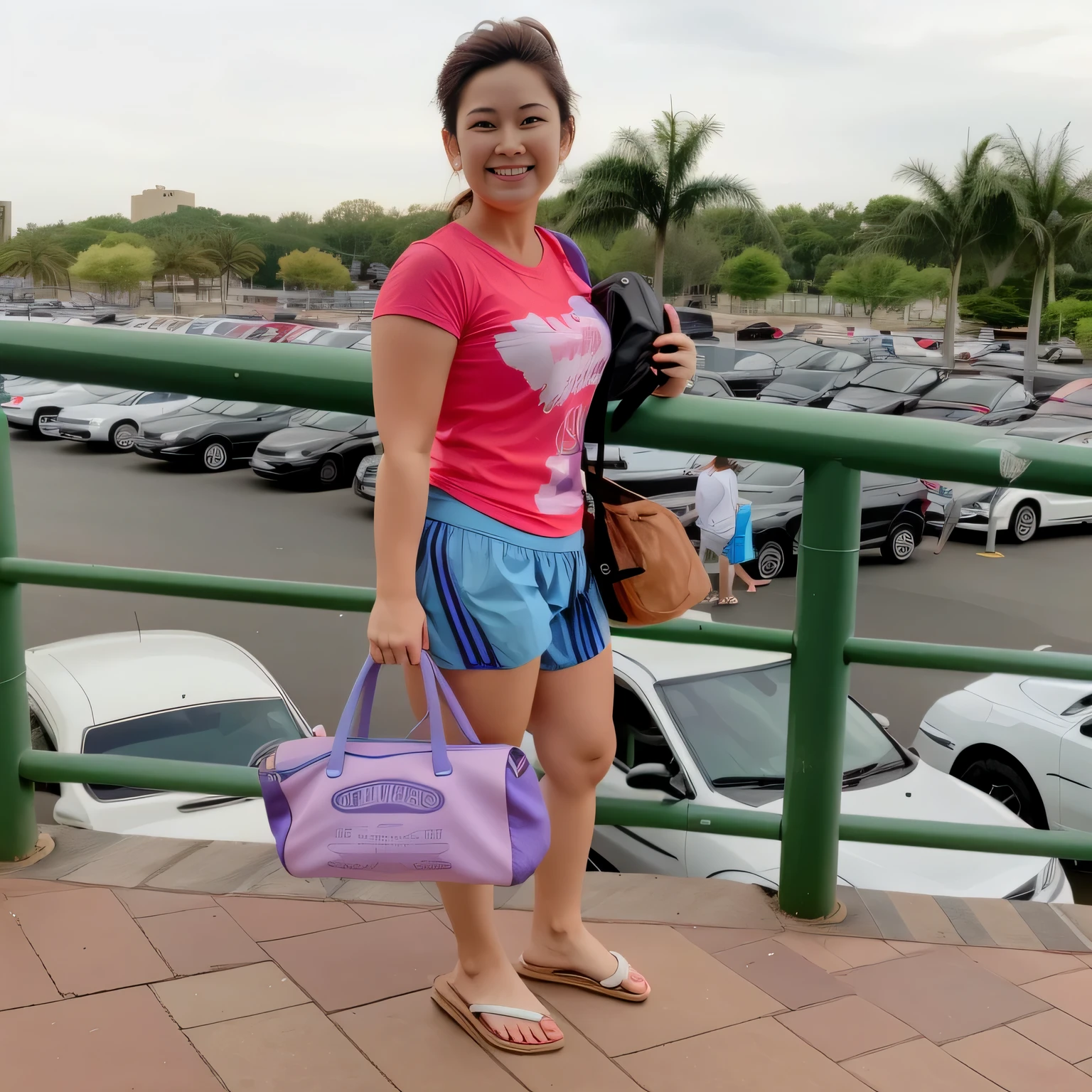 woman standing on a balcony with a purple bag and a pink bag, wearing travel clothes, standing in a parking lot, wearing a red t-shirt and greenish shorts, short and tight, in a parking lot, vacation photo, near the park. fit woman, high resolution, high quality, 8k