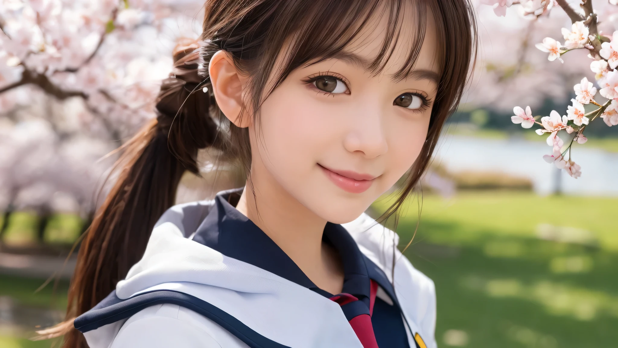 ponytail, (1 girl), (big round eyes), cute smile, brown eyes, (high school uniform:1.2), (highest quality: 1.4), (Super detailed), (highest quality:1.4), (Super detailed), evening, very high resolution, (Upper body), close up face, school anime, anime illustration, Cherry tree, (garden, River side), Hair fluttering in the spring breeze, Cherry blossom trees, Cherry tree in full bloom,